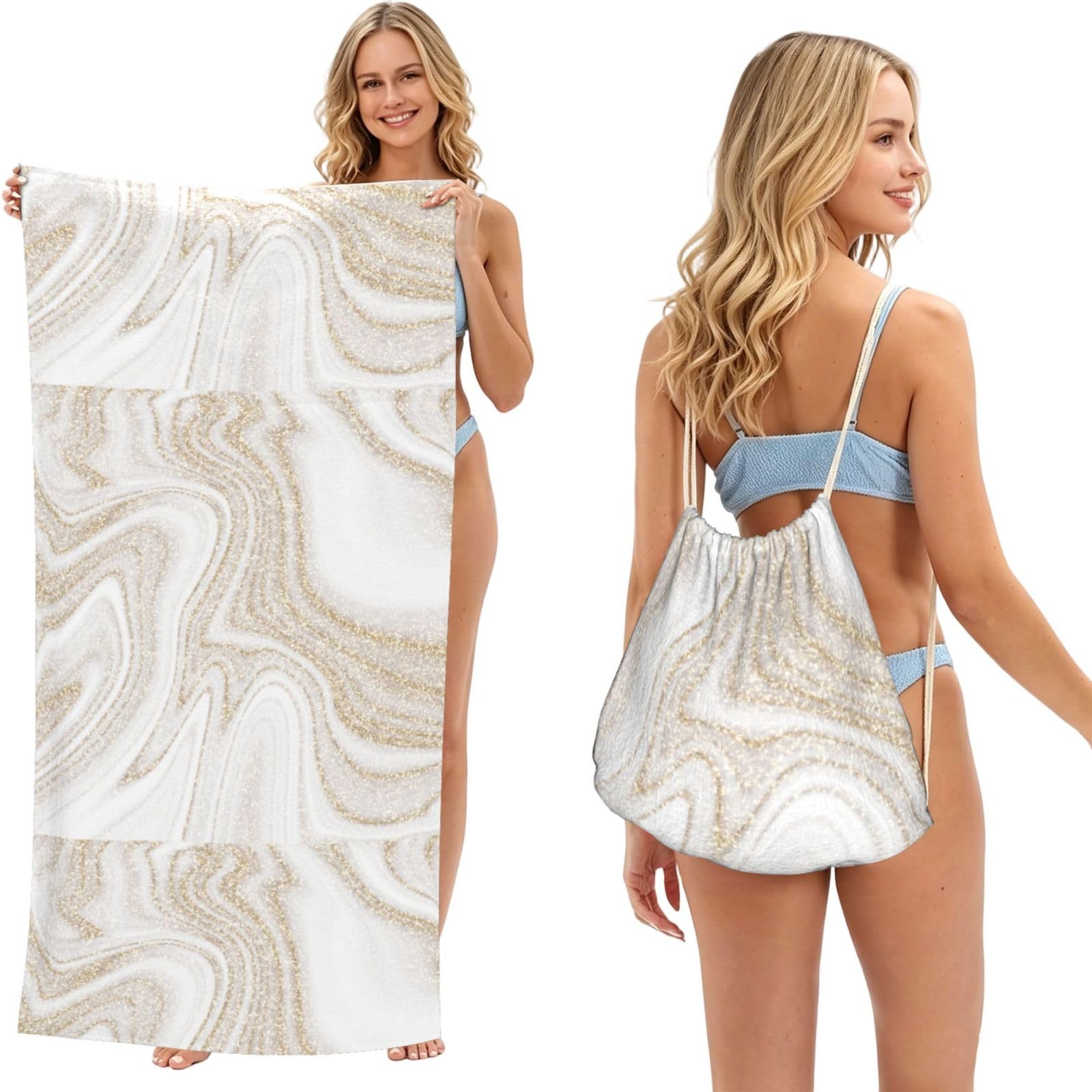 Poadnly As Picture White Marble Gold Glitter, 2 In 1 Packable Towel Bag, Beach Towels With Drawstring Backpack For Travel Holiday Camping