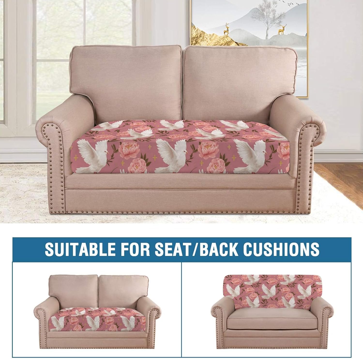Peaceful Bloom Birds Pink Loveseat Covers Couch Covers for 2 Cushion Couch, 2-Piece Stretch Sofa Slipcovers Anti-Slip Washable Furniture Protectors for Dogs Pets