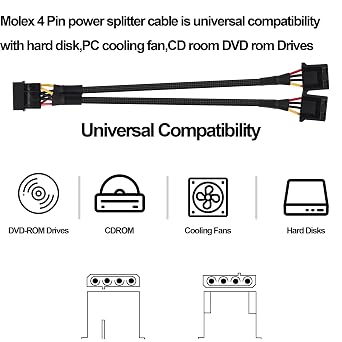 D Type Molex 4 Pin Power Supply Y Splitter Extension Power Cable -20cm
