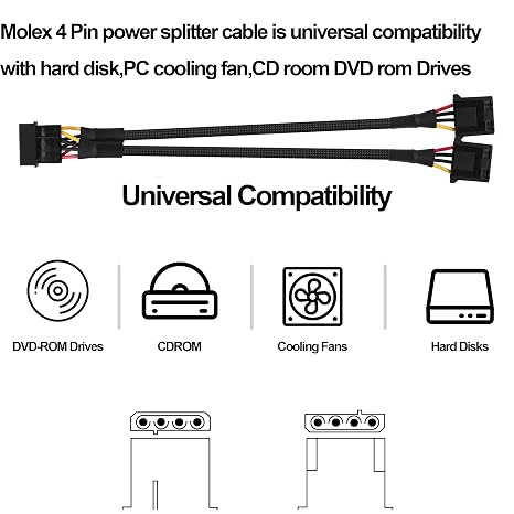 D Type Molex 4 Pin Power Supply Y Splitter Extension Power Cable -20cm
