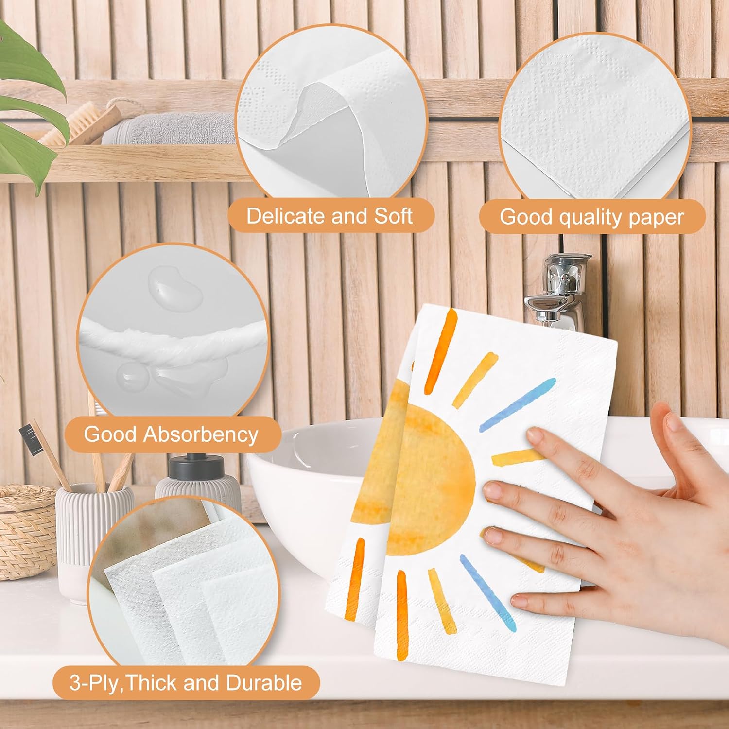 JarThenaAMCS 100 Pcs Colorful Sun Paper Guest Napkin First Trip Around The Sun Napkin Sunshine Disposable Dinner Hand Towels for Home Bathroom Party Supplies