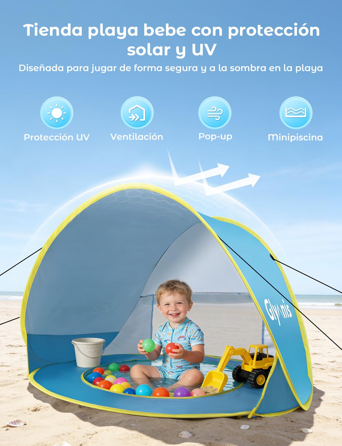 Pop up Tienda de Bebé con Piscina Protección Sol Anti UV 50+ 120x80x70cm