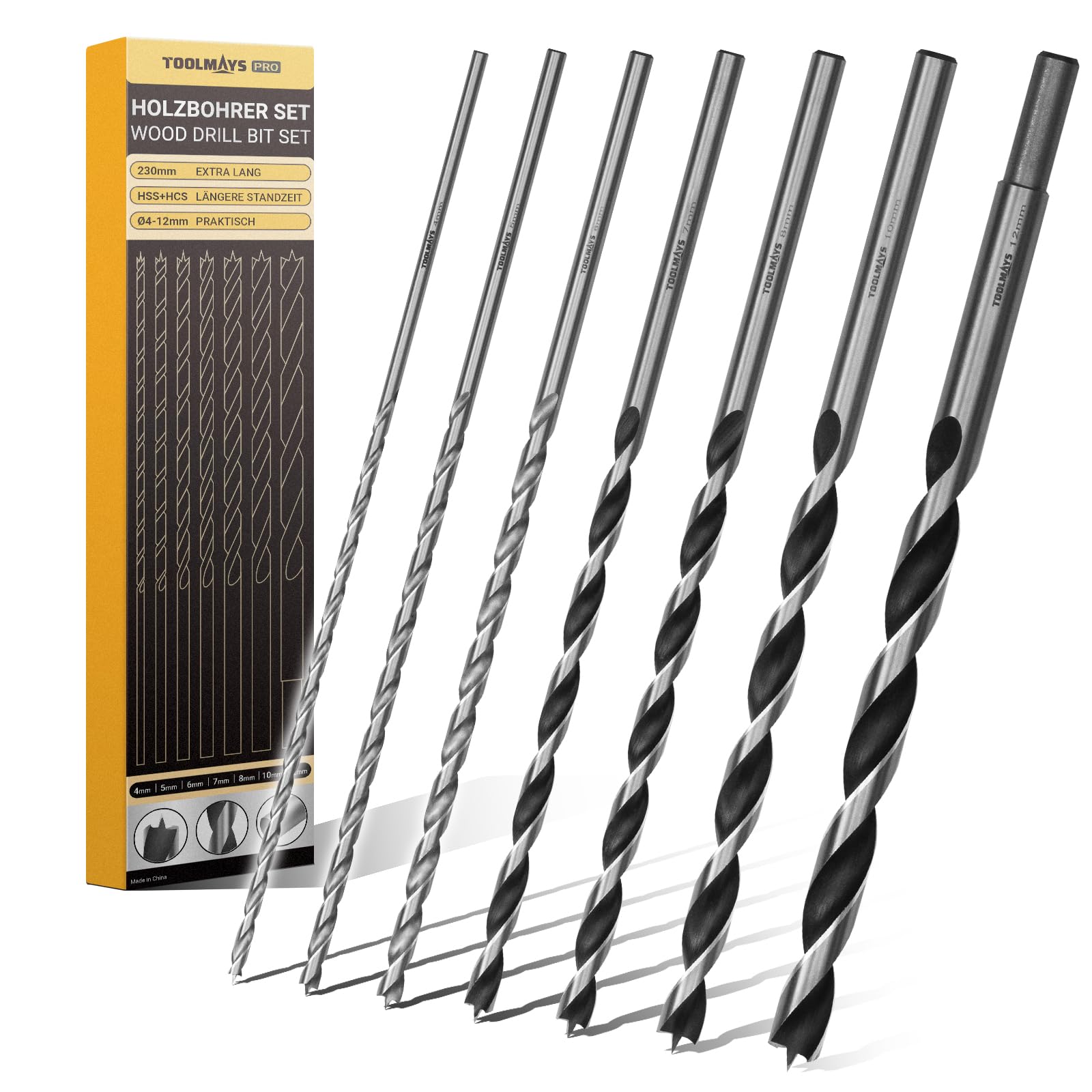 TOOLMAYS Holzbohrer Set 7tlg. HSS-G Bohrerset, Schlangenbohrer Ø 4mm, 5mm, 6mm, 7mm, 8mm, 10mm, 12mm x 230mm Lange Holzbohrer