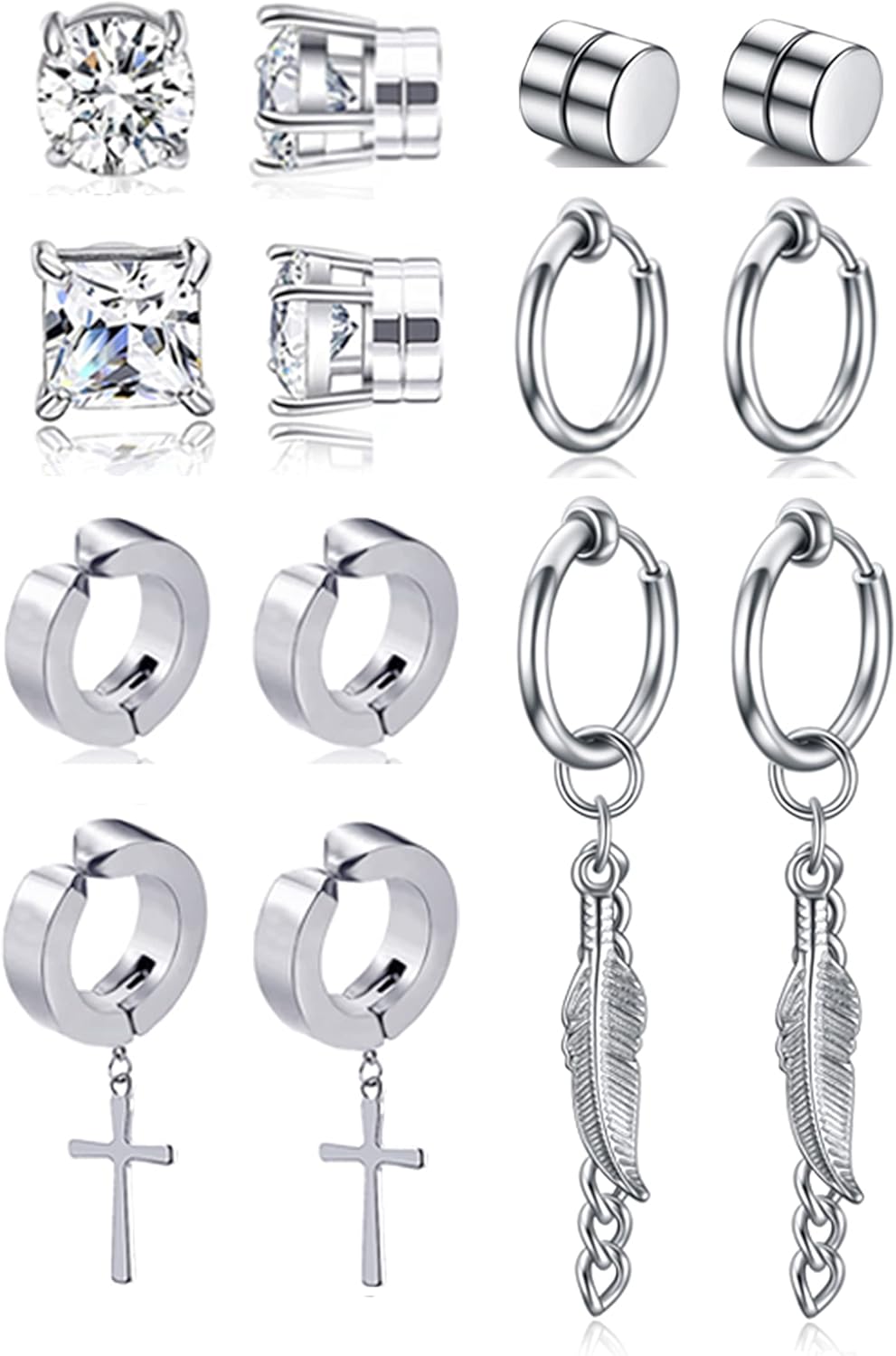 7 Pairs Magnetic Stud Earrings Stainless Steel CZ Clip On Earring Non-Piercing Huggie Hoop Earring Chain Feather Pendant Drop Dangle Earrings Set For Women Men Black Silver Tone