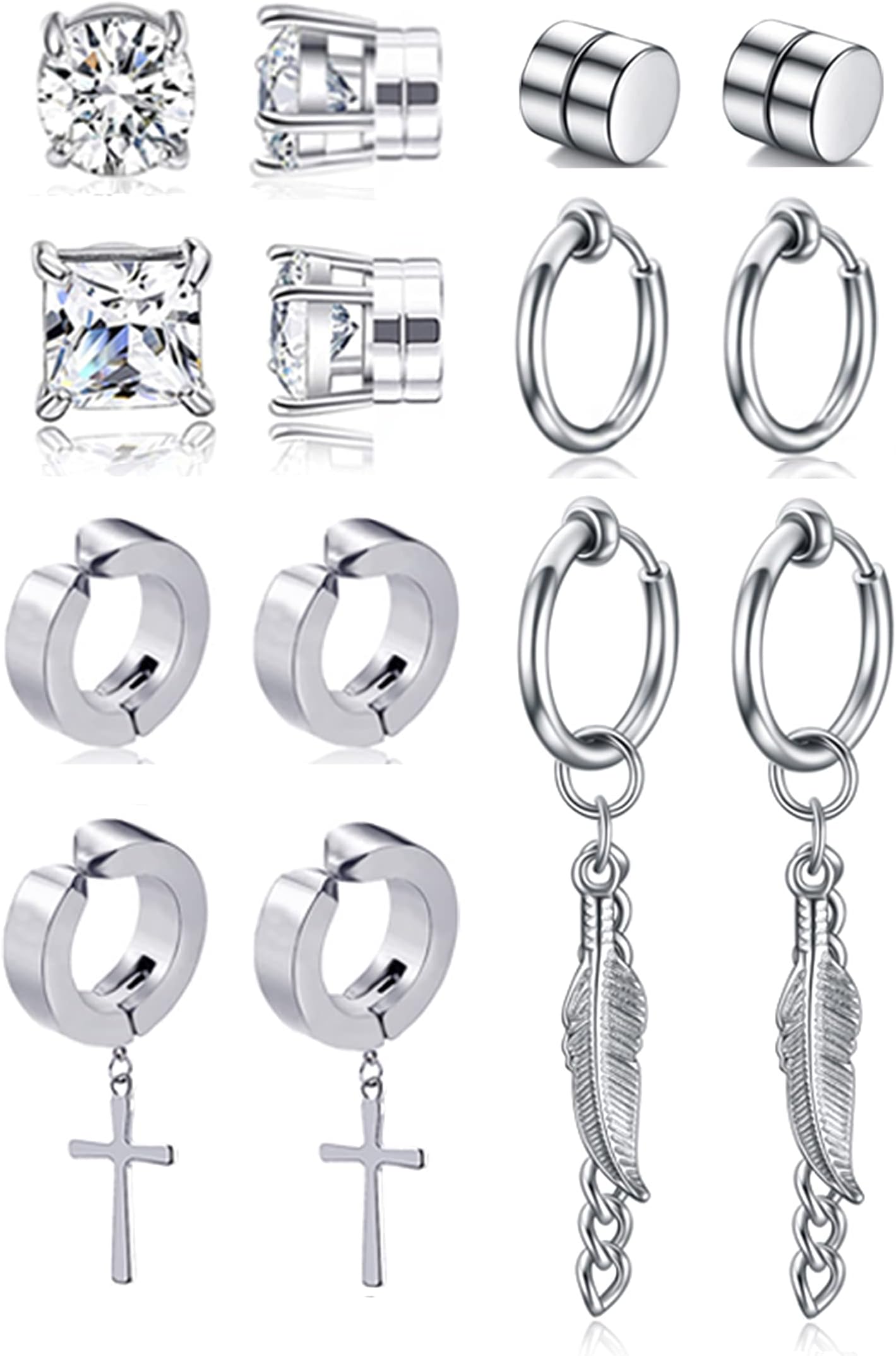 7 Pairs Magnetic Stud Earrings Stainless Steel CZ Clip On Earring Non-Piercing Huggie Hoop Earring Chain Feather Pendant Drop Dangle Earrings Set For Women Men Black Silver Tone