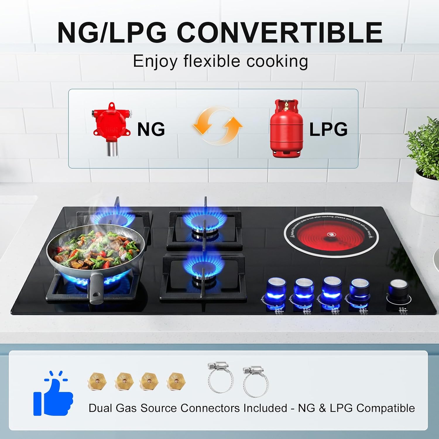 Gas Cooktop 34Inch, 5 Burners Kitchen Stove, Max 24739 BTU Built-in Gas Stove Top with 1800W electric ceramic hob, NG/LPG Convertible, Plug-in, Cast Iron Grates, Black Tempered Glass
