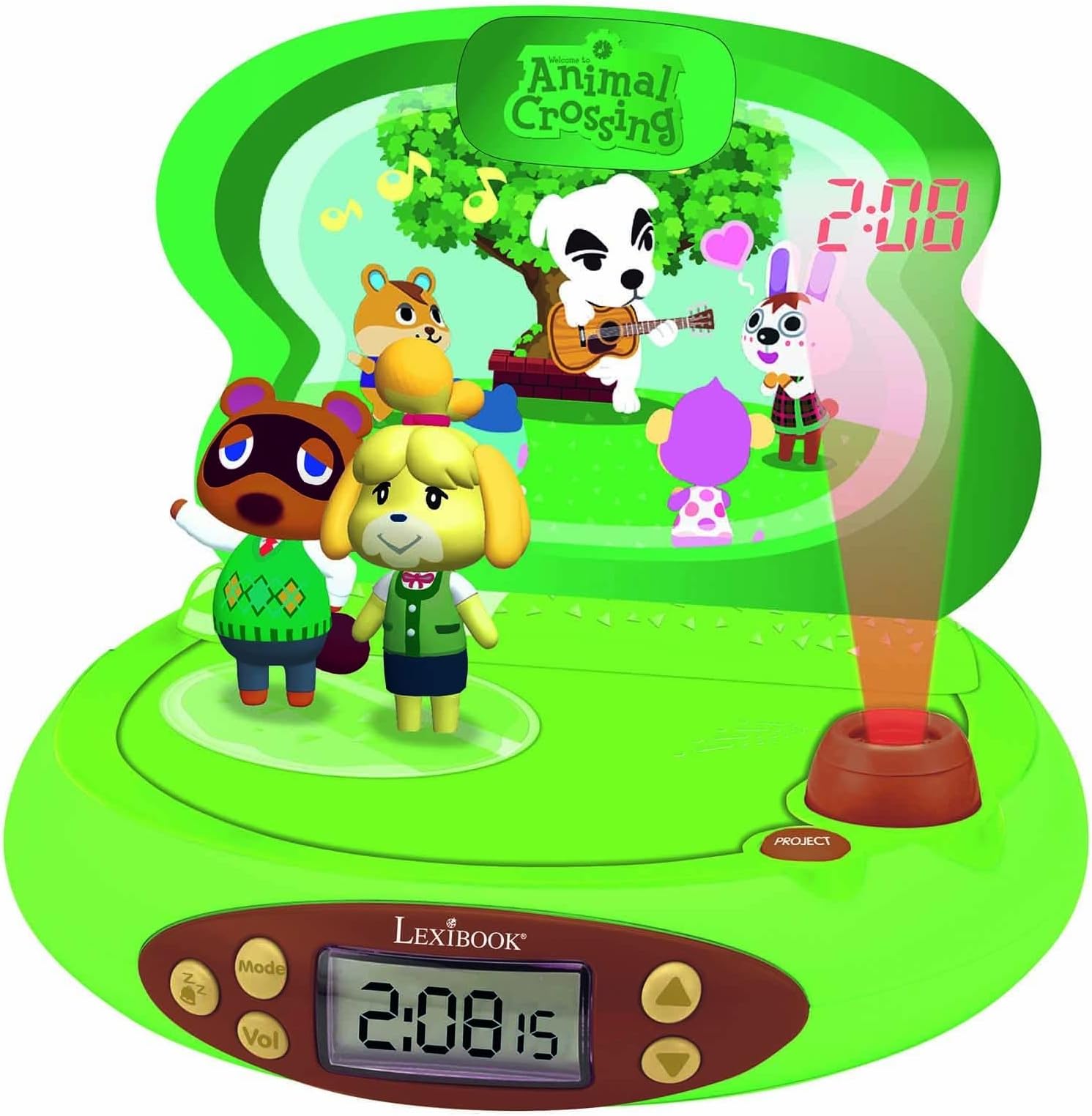 Nintendo-Animal Crossing Projector Alarm Clock for Kids-with Night Light and Time Projection to The Ceiling, Sound Effects, Boys, Girls, Green