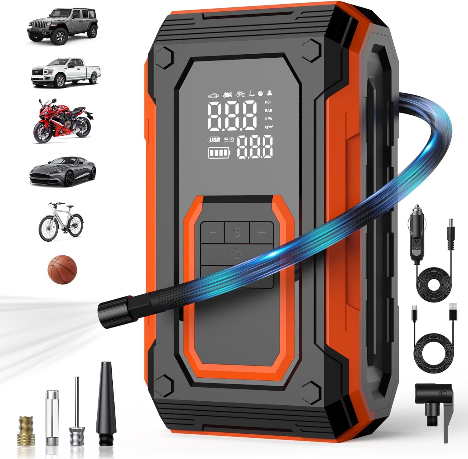 Tire Inflator Portable Air Compressor, 150PSI Cordless Air Pump for Car Tires, Dual Power - Battery & 12V DC, Portable Air Pump With Memory Function for Car, Motorcycle, Bike, Ball, etc