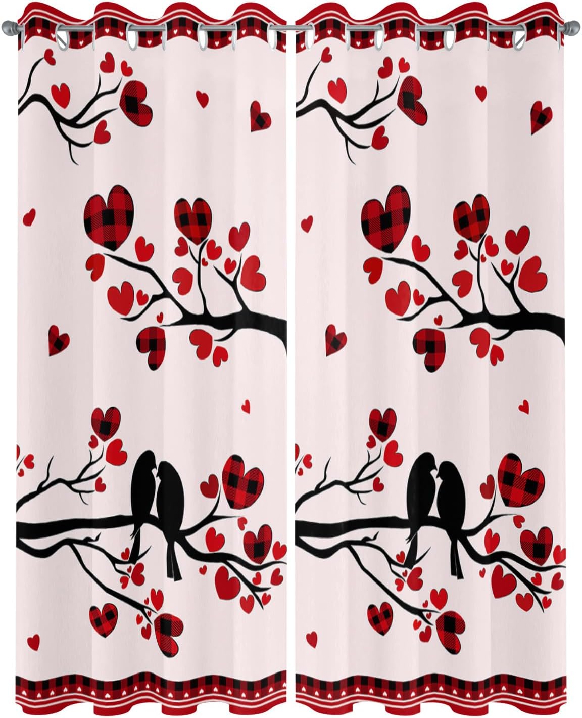 Indoor Outdoor Curtains for Patio Valentine's Day Love Birds on Heart Tree Red Plaid Pink Outside Curtains Waterproof Grommet Privacy Light Filter Drapes for Porch Pergola Gazebo 52"Wx108"L 2 Panels
