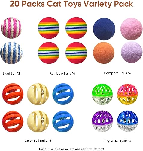 Miniatura 2 de Juguetes para gatos de interior, bolas de juguetes para gatos, paquete de 20 juguetes interactivos para gatos con cascabel colorido, cascabel, arco