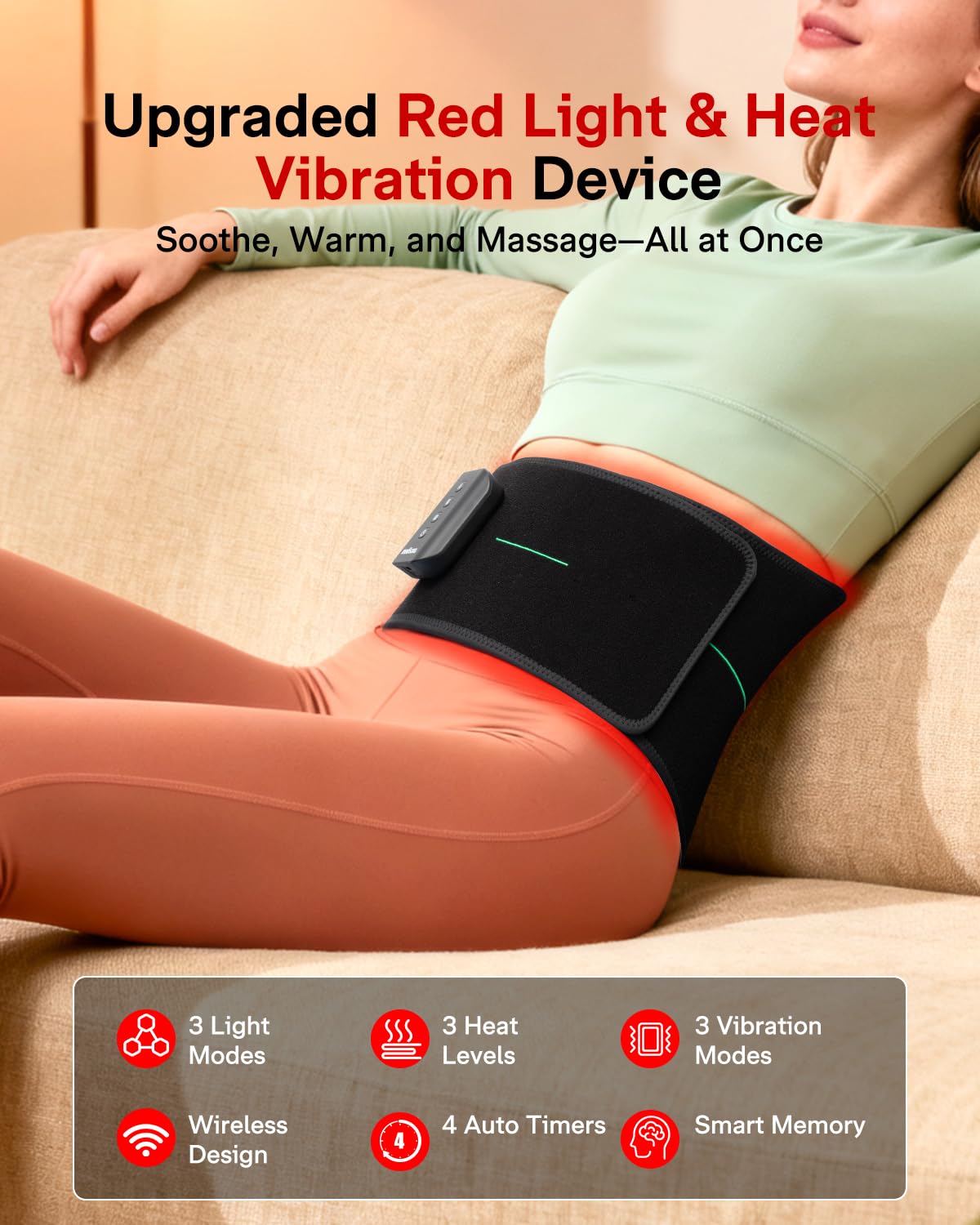 Medisana 3-in-1 Red Light Therapy Belt, Cordless Infrared Red Light Therapy for Body with Multi-Mode Red Light/Pulse/Heat/Vibration - 660nm/850nm for Muscle Pain Relief, Portable for Waist Back Knee