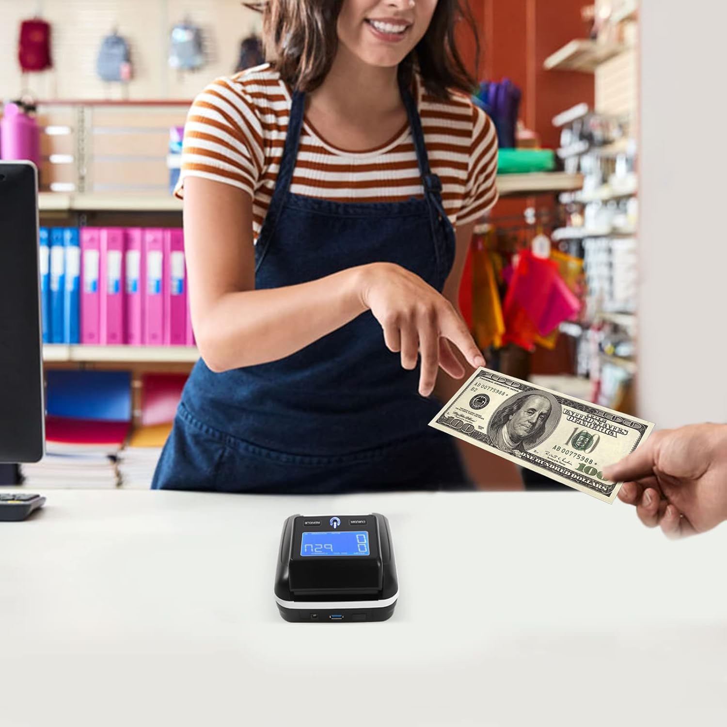 Portable Fake Currency Reader Counterfeit Bill Detector Rechargeable Any Way Direction USD & EUR Bill Checker Machine for Car/Office/Home with Total Value Display - Image 3