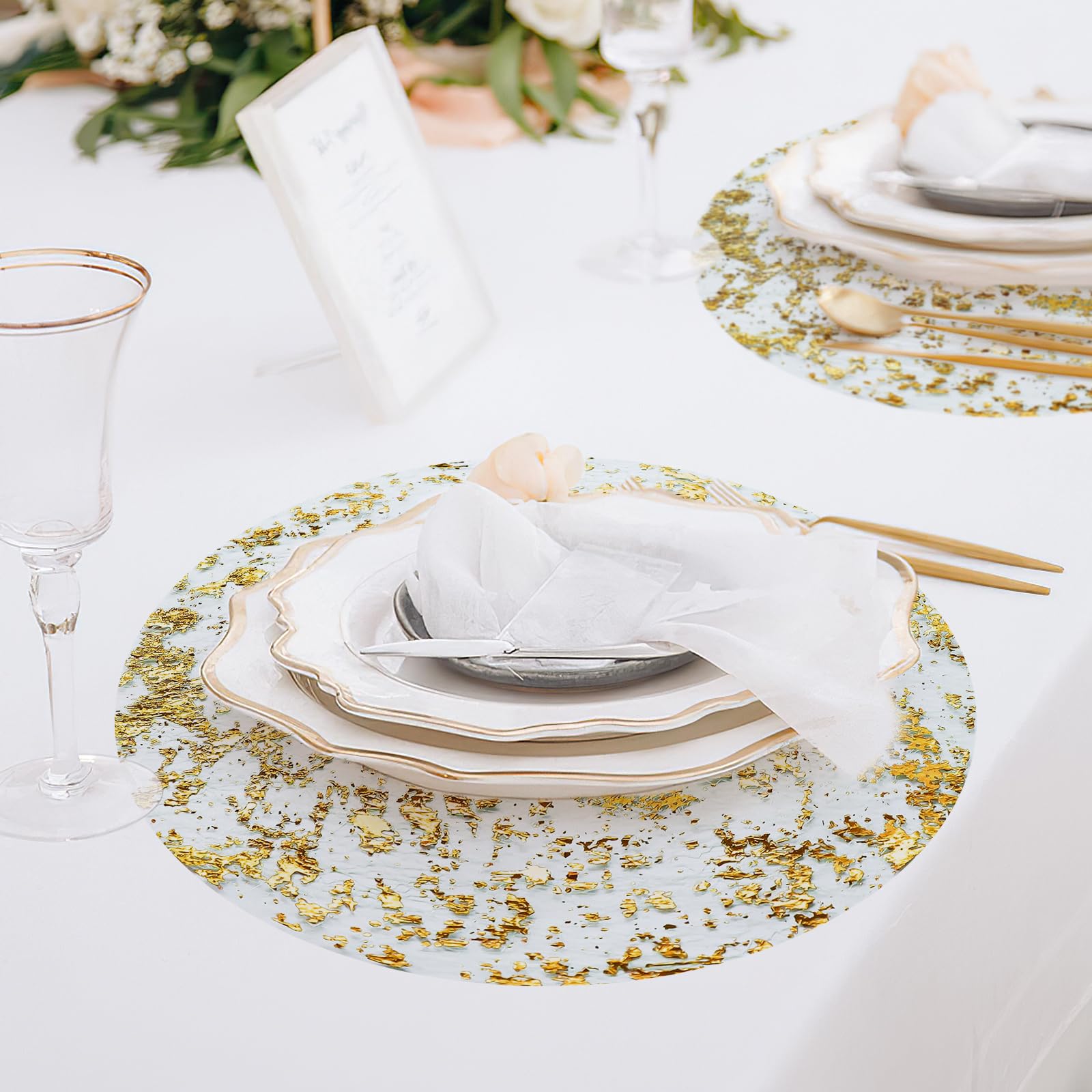 Premium Tischset Set, 12 Stück Runde Tischsets Gold, Doppelseitigen Platzset Rund mit Goldfolie, Netzartig Platzdeckchen Glitzer Tischsets Platzsets für Esszimmer, Küche, Hochzeit, Party, Fest Küche, Haushalt & Wohnen