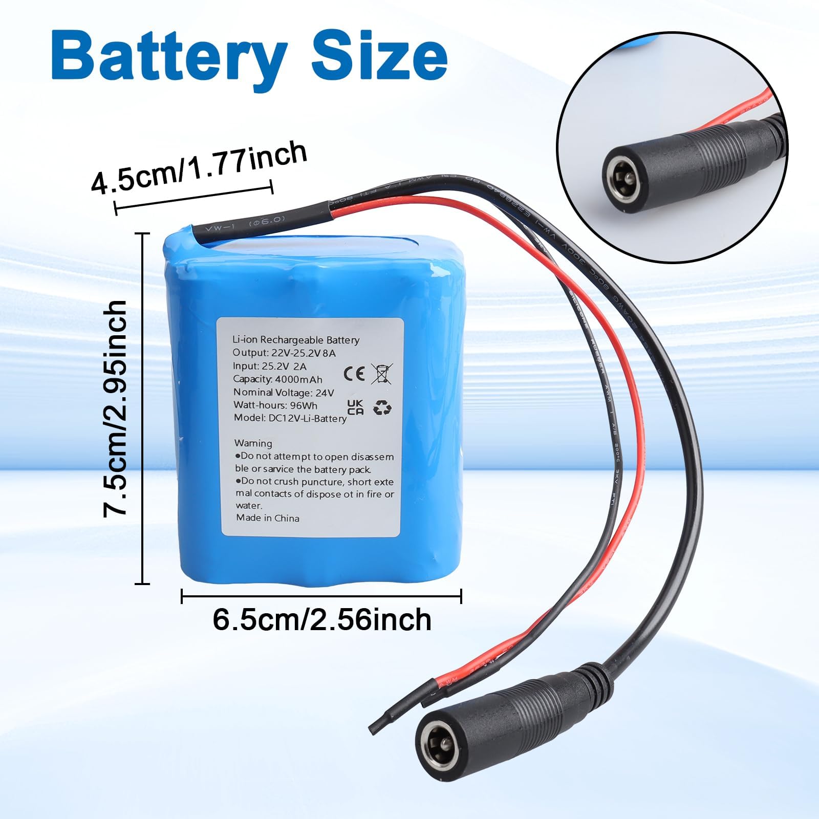 Batería recargable de litio de 24 V y 4000 mAh, cargador y conector de cable, batería para proyectos de bricolaje, luces solares de calle, cámara CCTV, altavoz, pulverizador, barco de tren de