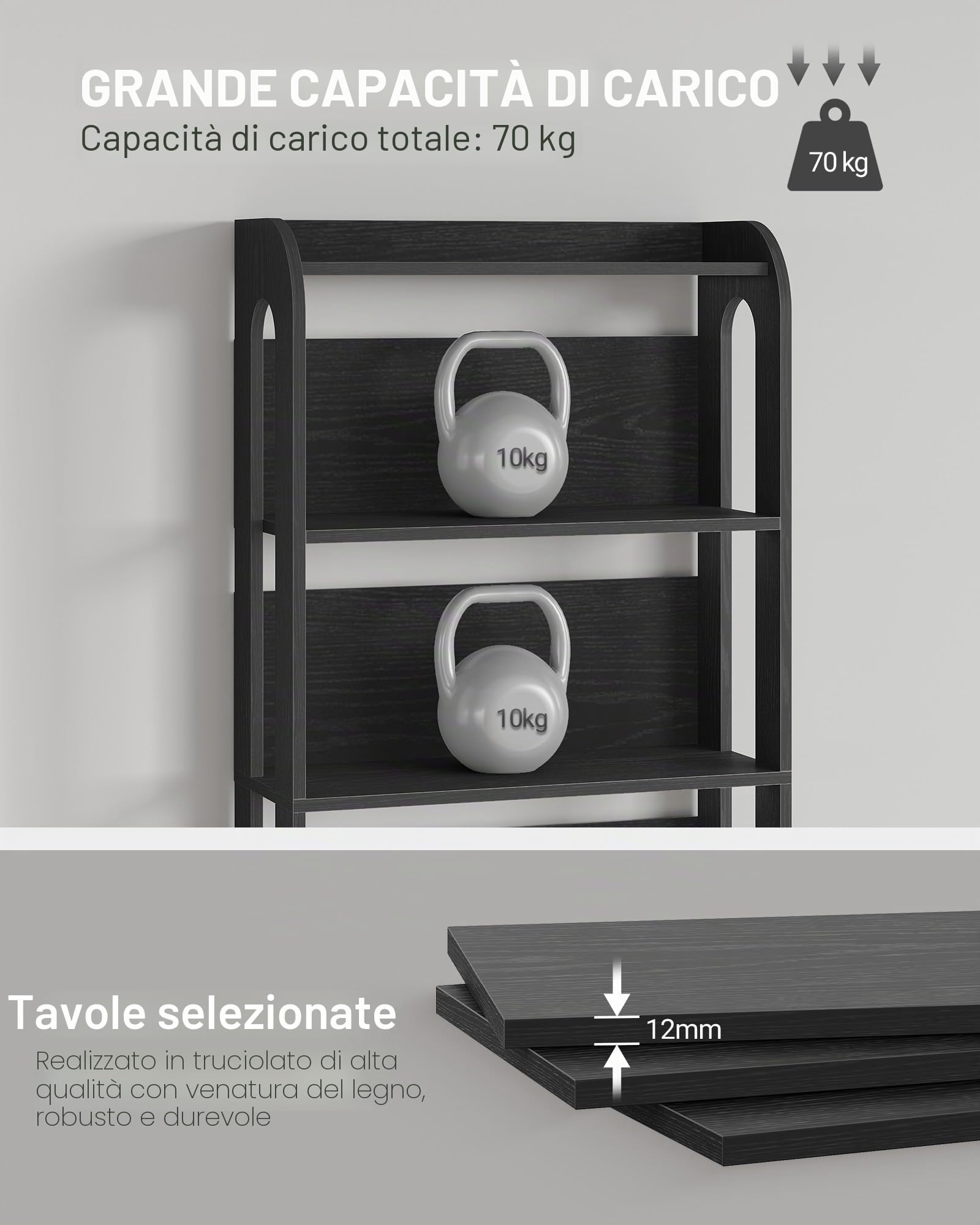 Hzuaneri Libreria a 7 Ripiani, Libreria Soggiorno Legno, Scaffale Portaoggetti Aperto, per Salón, Estudio, Oficin, Dormitorio, 24 x 60 x 182 cm, Nero BC70004X