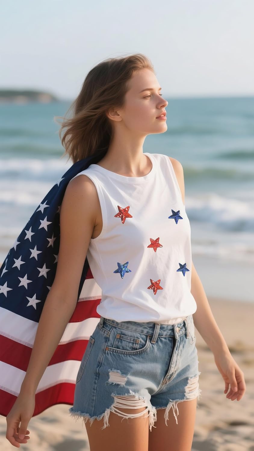 Women's Patriotic Sequin Star Tank Top American Flag Sleeveless Shirt 4th of July Summer Casual Tops - Image 4