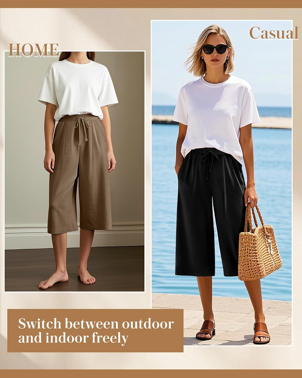 3 Pack Women's Capri Pants, Casual Wide Leg Yoga Pants High Waist Drawstring Cropped Lounge Trousers with Pockets - Image 6