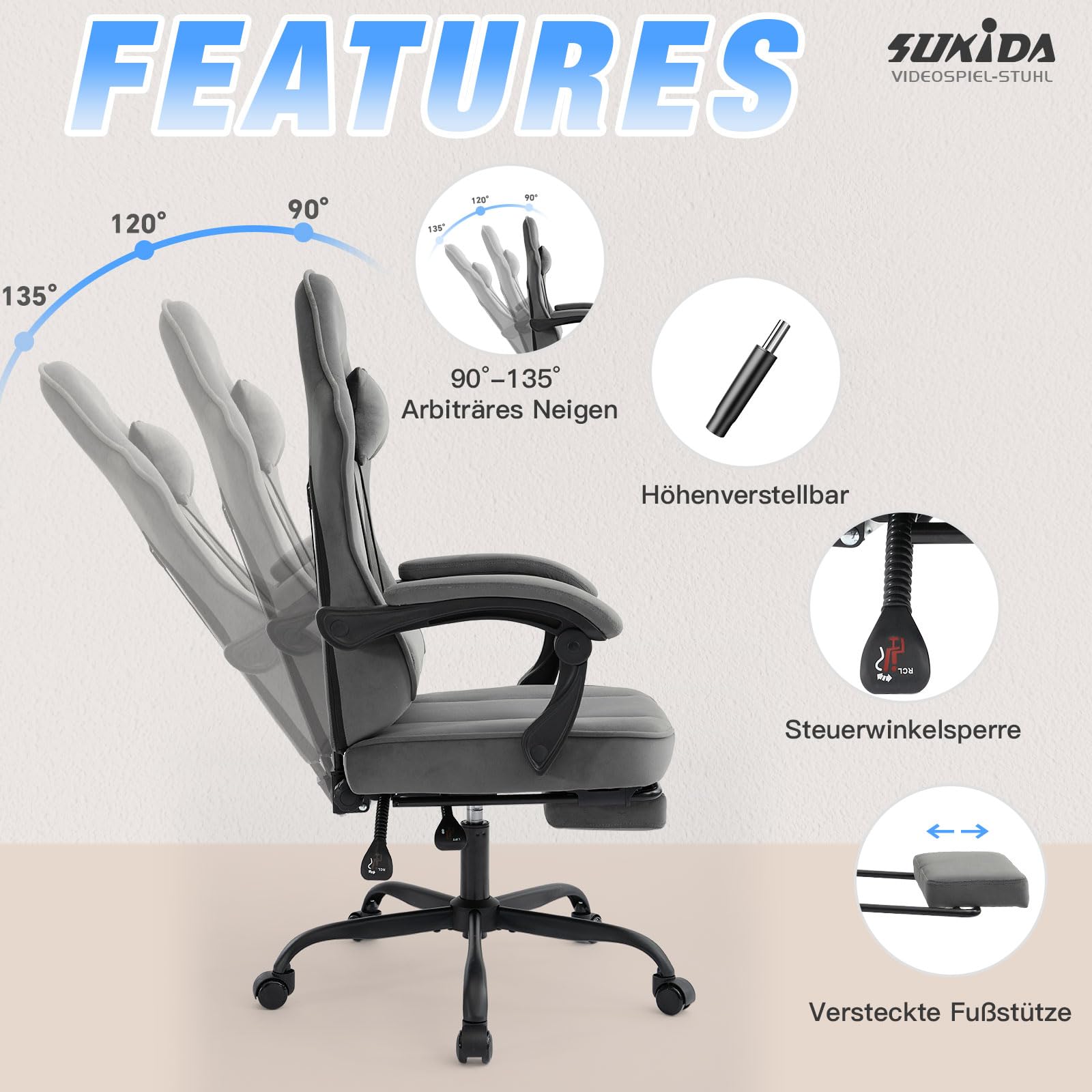 SUKIDA Gaming Stuhl Stoff Ergonomischer Gaming Chair mit Fußstütze Lordosenstütze Grau