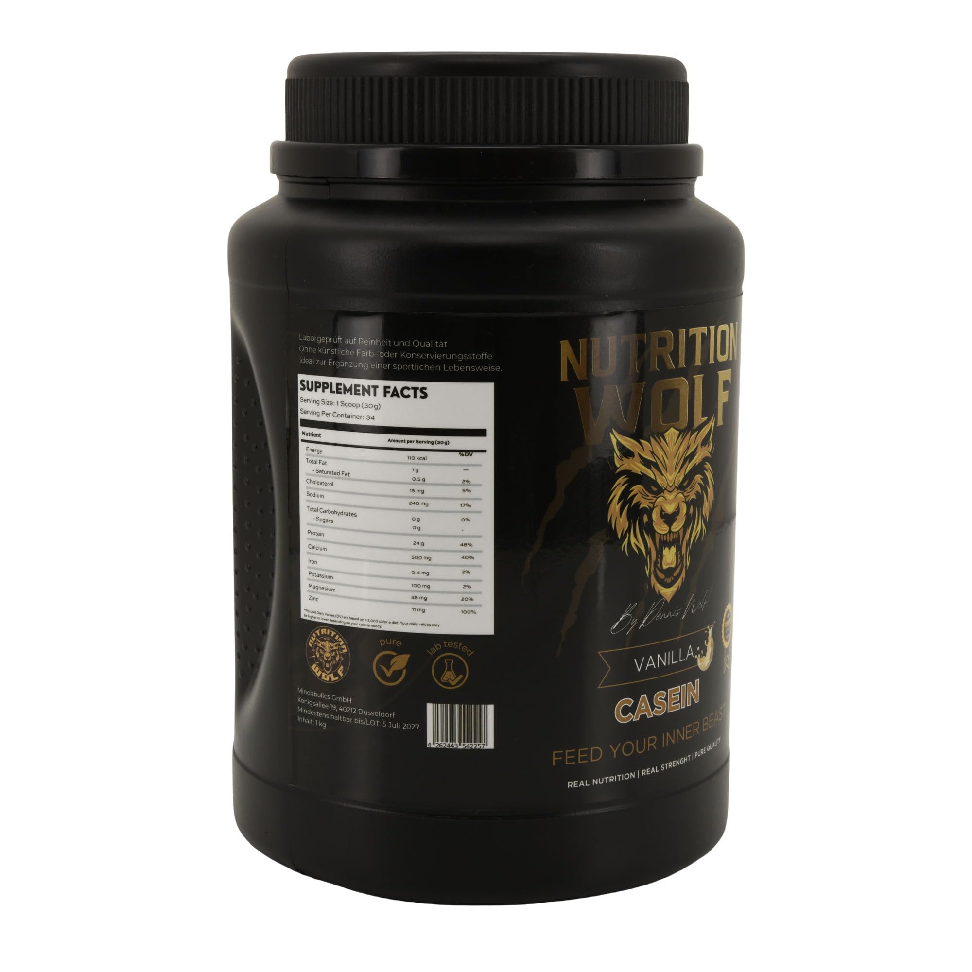 Nutrition Wolf Casein Protein Pulver, Langsam verdauliches Mizellares Eiweiß für Muskelerhalt & Regeneration, 1000g