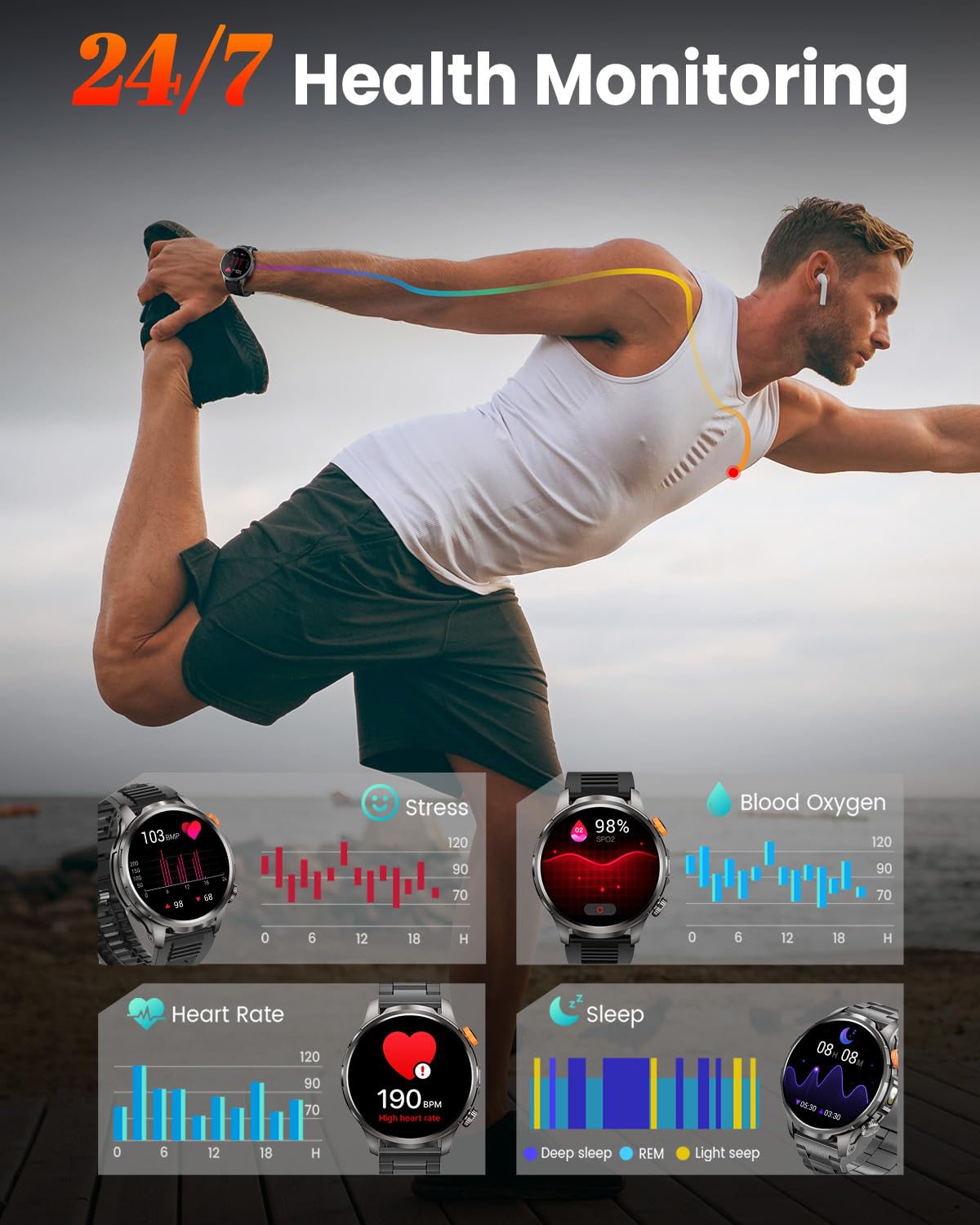Montre Connectée Homme 1000mAh/5ATM Étanche/LED Lampe, 1.91" AMOLED Militaire Smartwatch Homme Appel Bluetooth, 113 Modes Sportifs, 24H Sommeil/Fréquence Cardiaque/Podomètre 2 Sangles Android iOS Noir