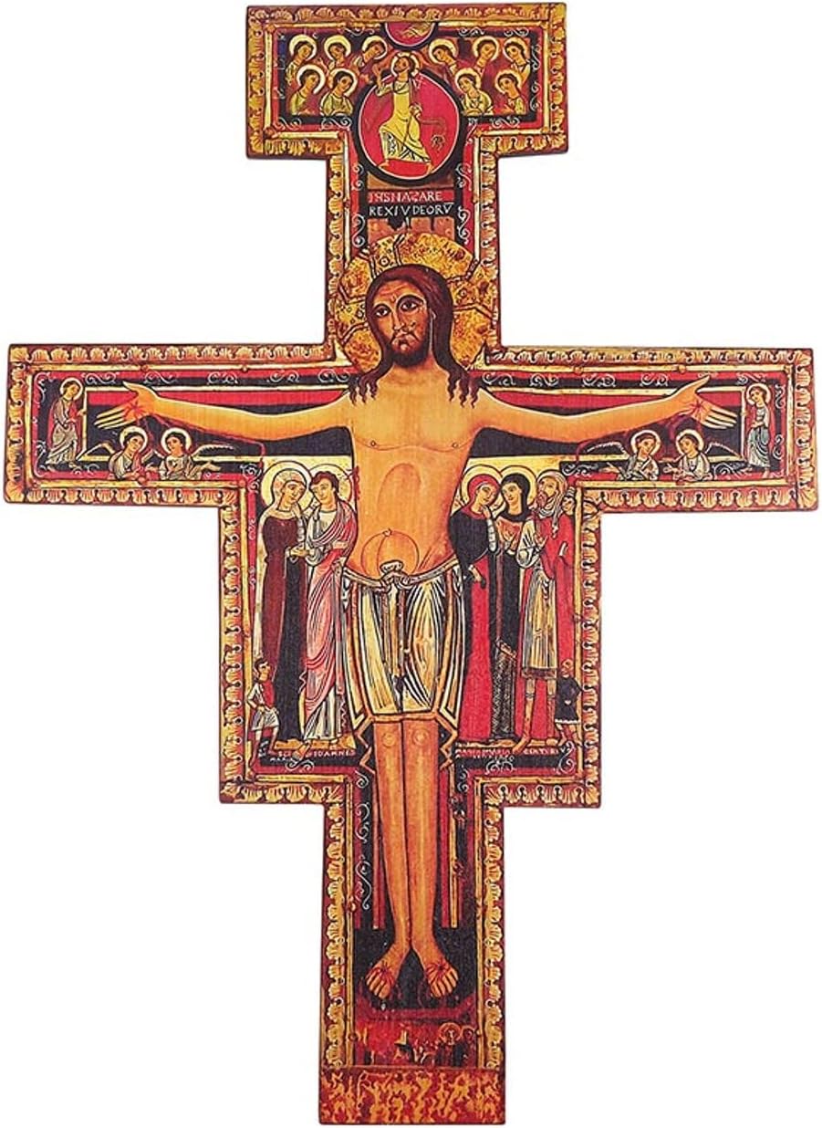 Trinity Church Supply San Damiano Crucifix Religious Hanging Sign Inspirational Cross Decor Wall Decor Wooden Decoration Rustic Vintage Cross, 36 Inch