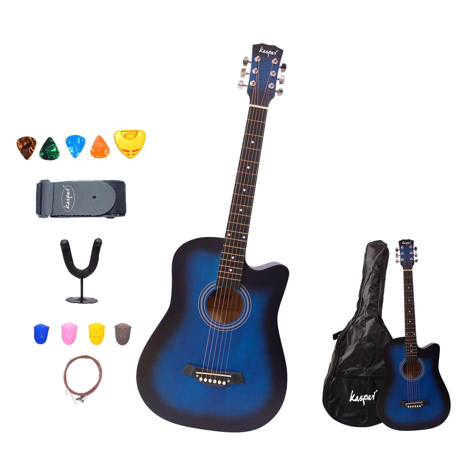 Kaspar Blue Acoustic Guitar with Die Cast Keys, Set of Strings, Strap, Picks and Bag (Blue, Acoustic)