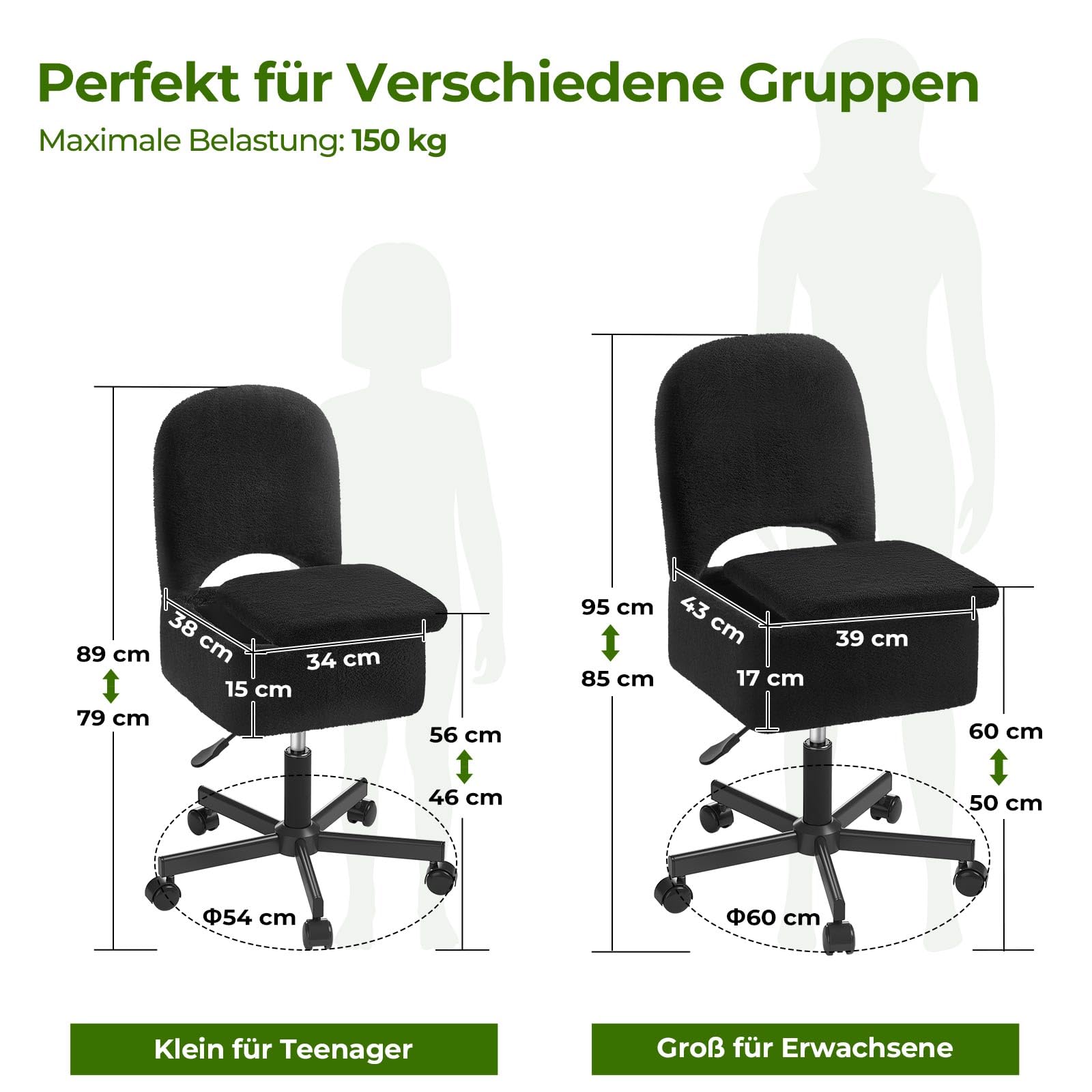 Rolanstar Schminktisch Stuhl mit Stauraum, Schminkstuhl, Höhenverstellbar, 360° Drehbar, Schreibtischstuhl mit Bequemer Klappbarer Rückenlehne, für Schminktisch, Schlafzimmer, Büro (Schwarz, Größe L)