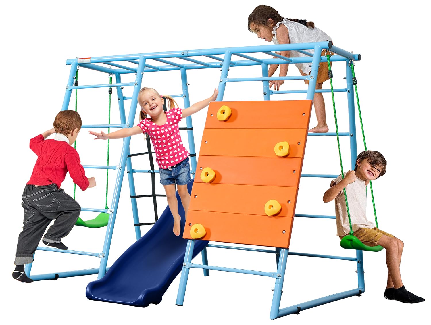 6 in 1 Indoor Jungle Gym, Toddler Playground Set Metal Climber with Climbing Wall, Slide, Monkey Bars, Rope Ladders and Two Swings, Outdoor Playset for Kids