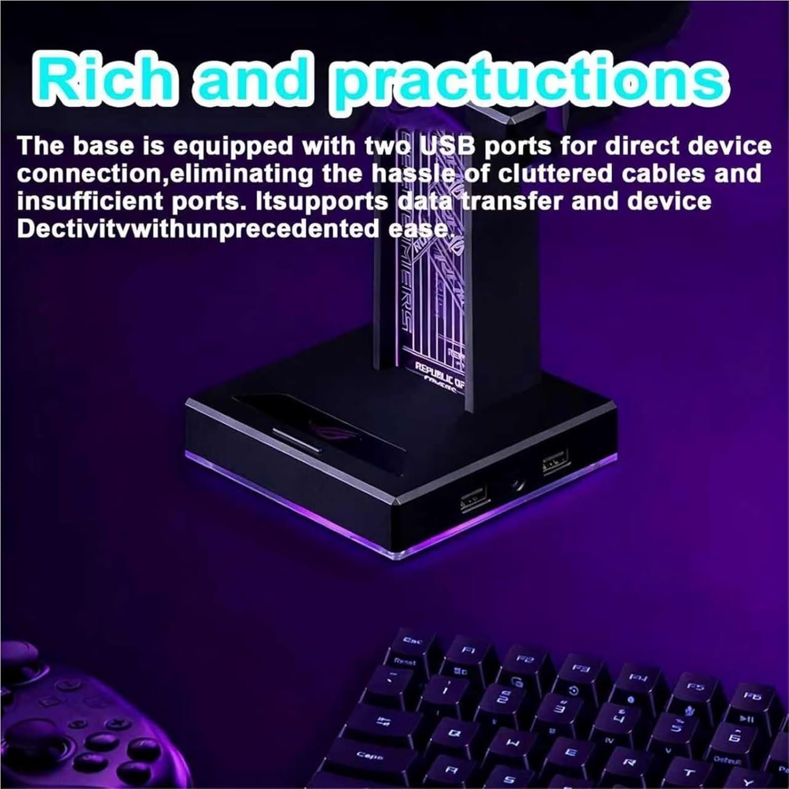 Générique Akrylowy uchwyt na słuchawki do gier, światło RGB z 10 trybami, złącze USB i audio 3,5 mm, praktyczny sprzęt biurowy dla mężczyzn, graczy i fanów muzyki (czarny)