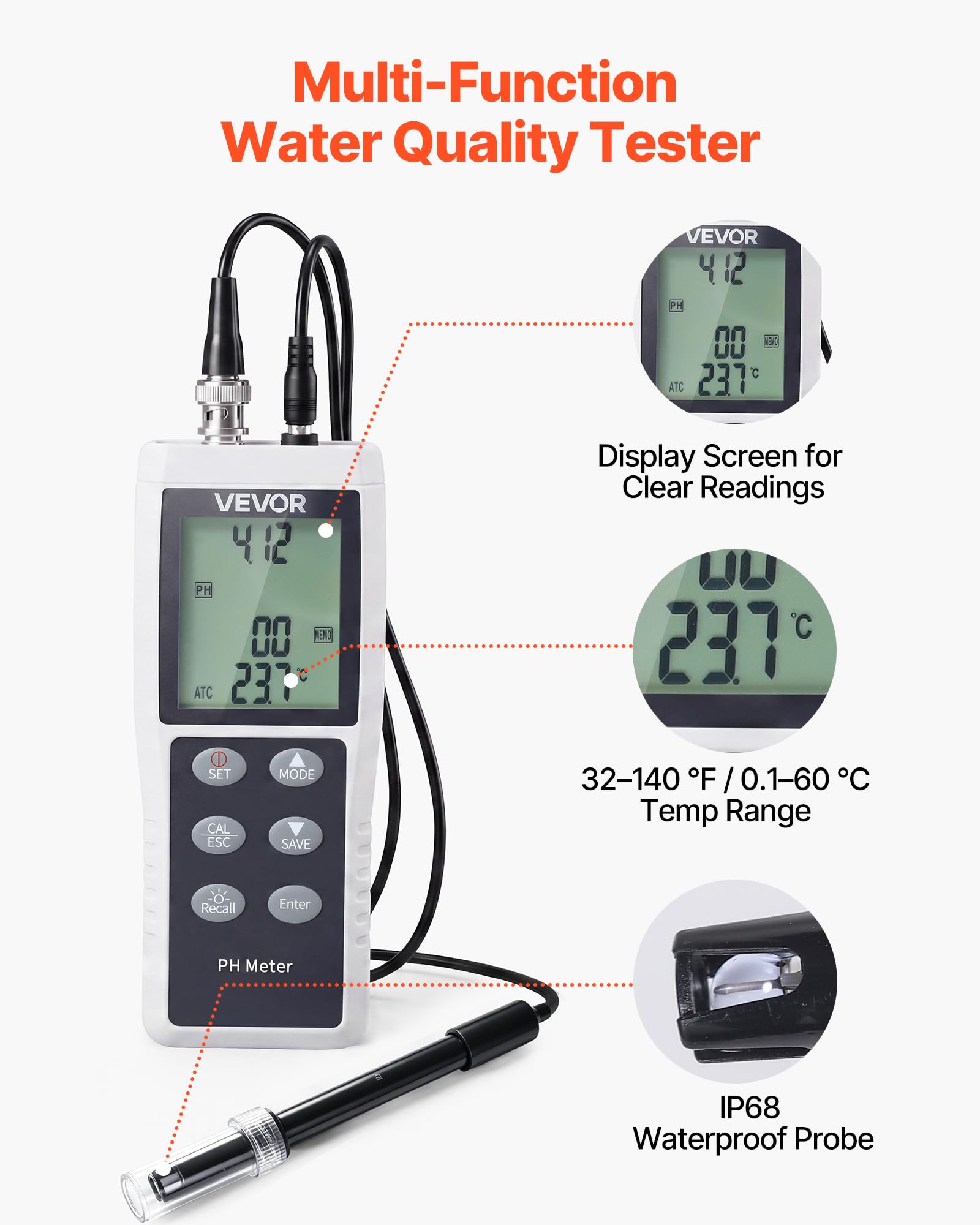 VEVOR pH-Meter, Messbereich 0–14, Wasserdichte Sonde (IP68), 3-Punkt-Automatikkalibrierung, Tragbares Tester-Set mit Kalibrierpulver, Temperatursonde & Tragetasche, für Trinkwasser & Hydrokultur