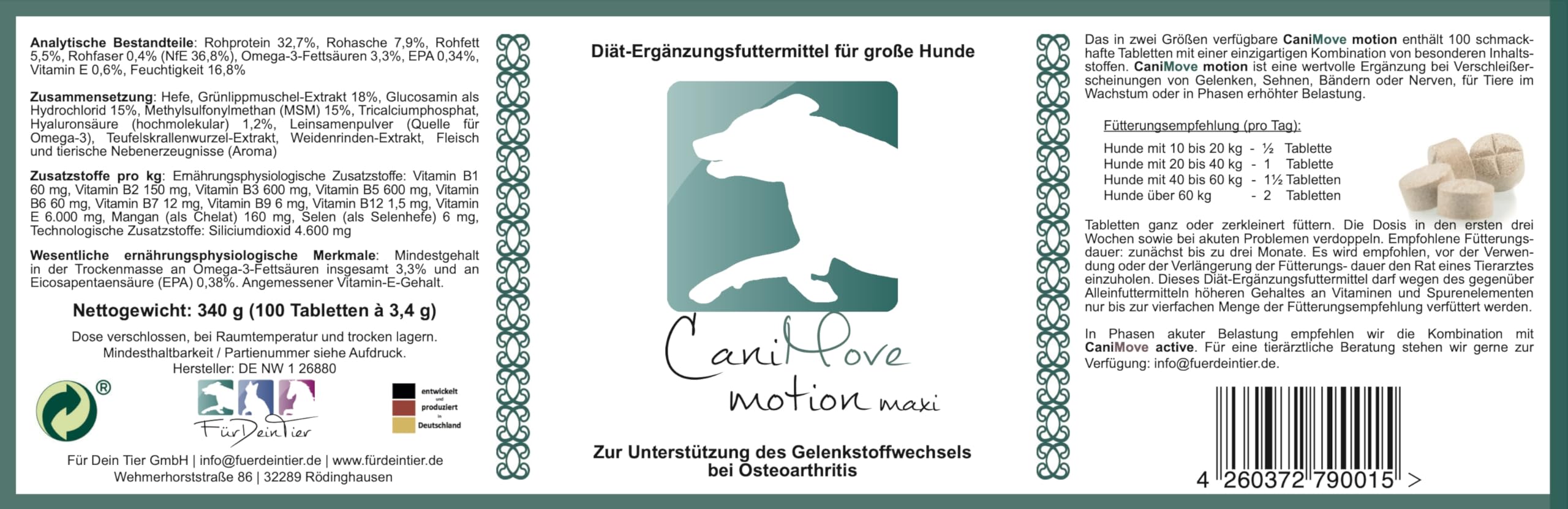 Motion Maxi - 100 Gelenktabletten (340 g) für große Hunde mit degenerativen Problemen des Bewegungsapparates