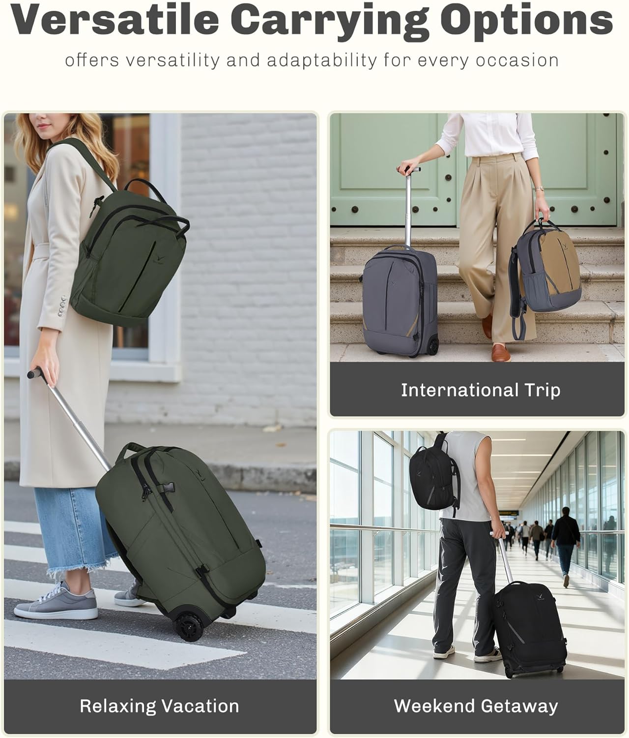 Hynes Eagle 2 in 1 Travel Backpack Set Rolling Backpack with Wheels Carry on Luggage 43L with Personal Item Bag for Men Women Army Green - Image 2