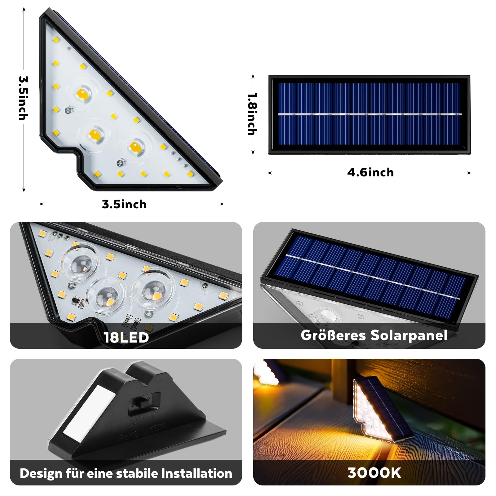 Solarlampen für Außen Garten, Treppenlicht 800mAh Treppenbeleuchtung Außen Solar Bodenleuchten Aussen für Innenhöfe Dekoration Terrasse Zaun Pathway Stufen Treppen LED Wegeleuchten IP65 18 LED 6 Stück