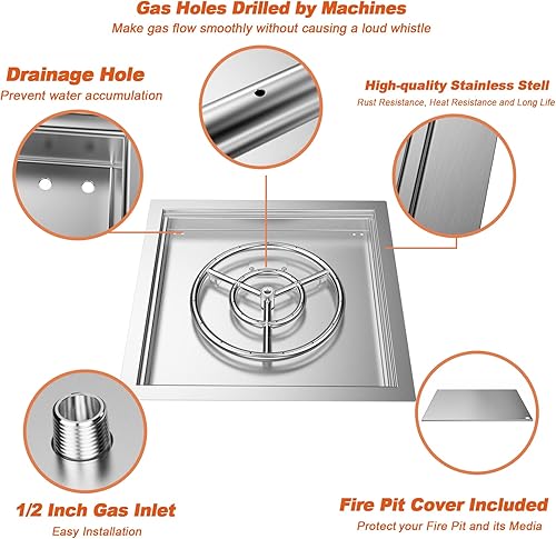 Miniatura 10 de Skyflame Quemador cuadrado de acero inoxidable de 12 pulgadas con anillo de quemador y cubierta protectora, kit de hoguera para exteriores tanto gas