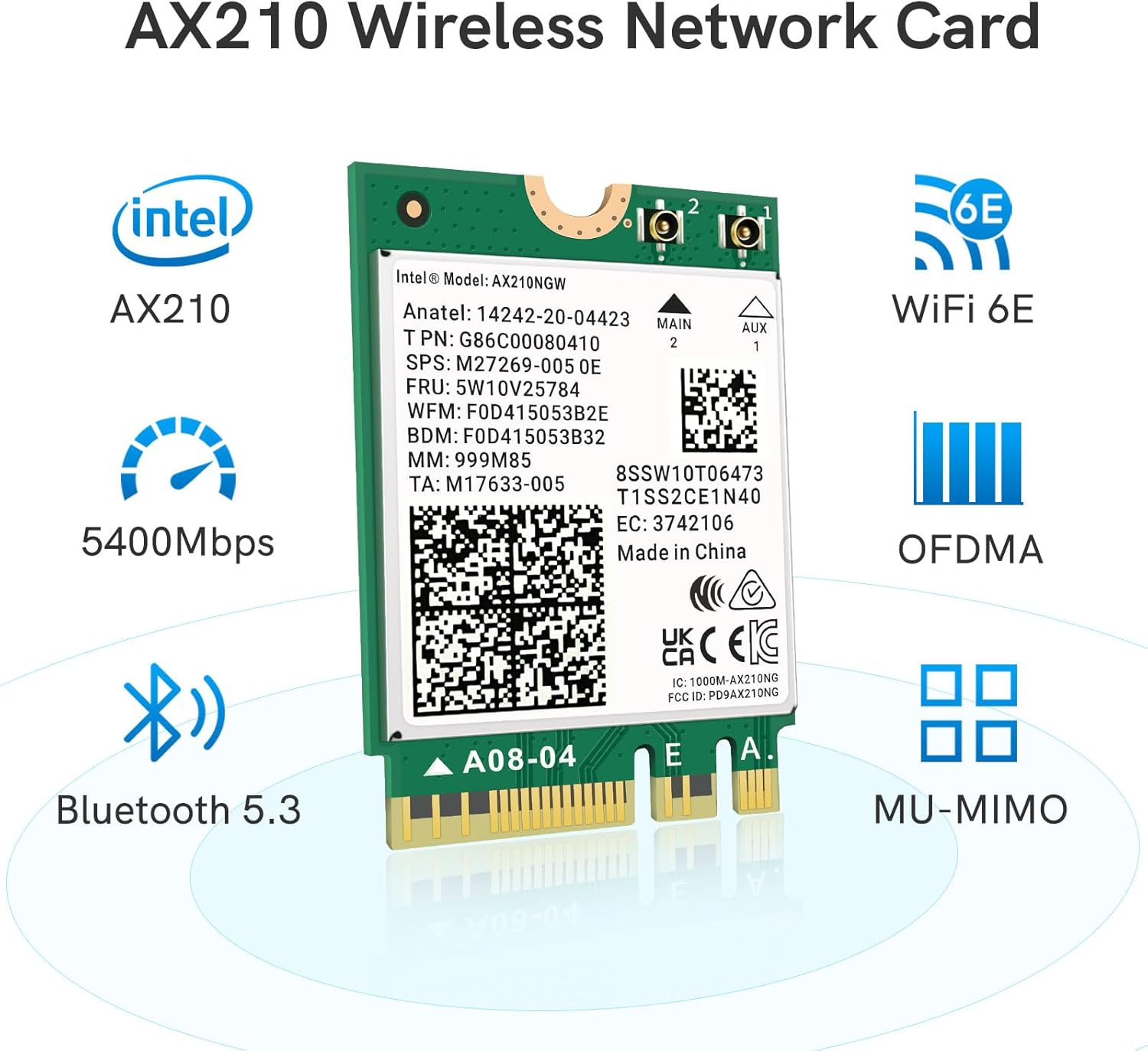 QFly AX210NGW WiFi 6E M.2 2230/NGFF Wireless Card with Bluetooth 5.3, Tri-Band 5374Mbps Network Adapter for Laptop Support Windows 10/11 (64bit)