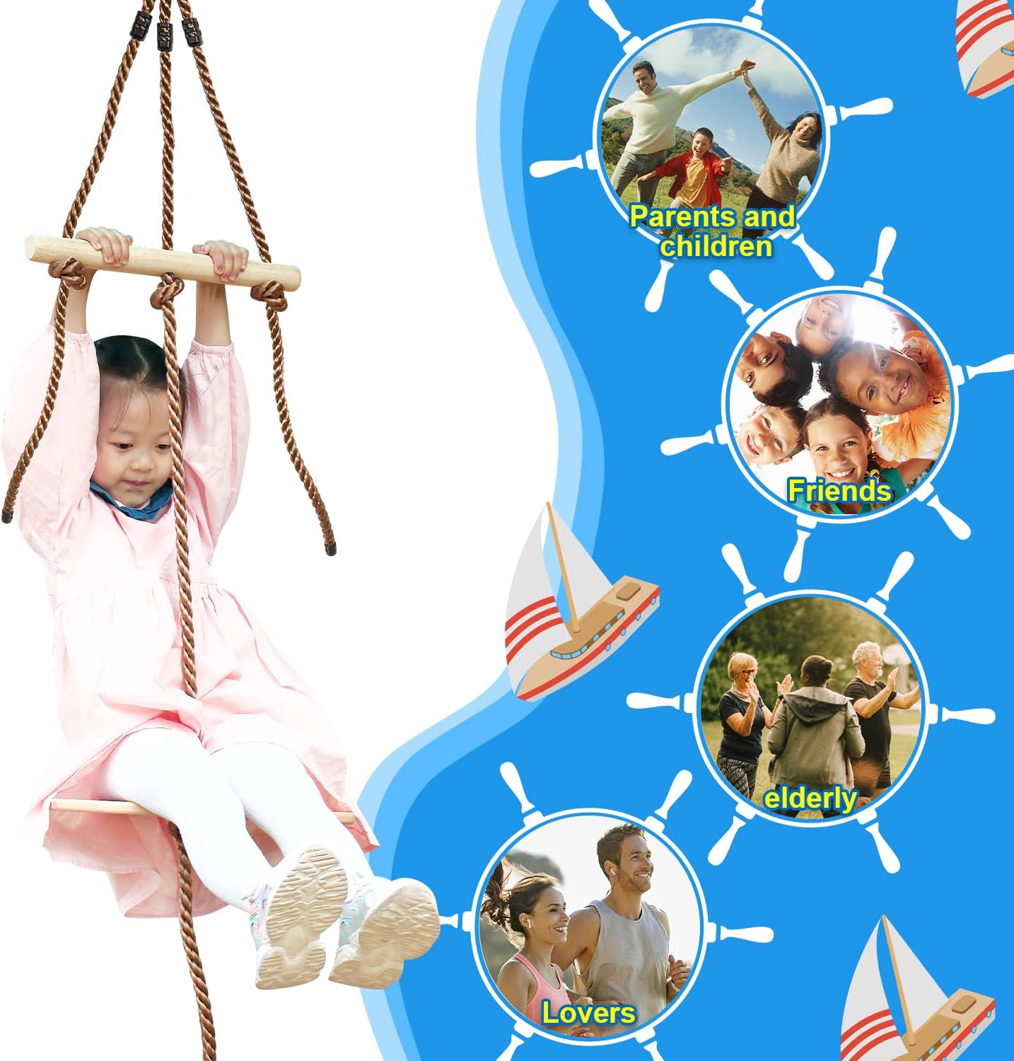Black Friday - 50% OFF NTR Sailboat Swing Set, 2-in-1 Multi Play Hanging Wooden Tree Swings, Premium Beech Wood Swing with Adjustable Climbing Rope Holds Up to 330 Pounds, for Outdoor Backyard Playground Accessories