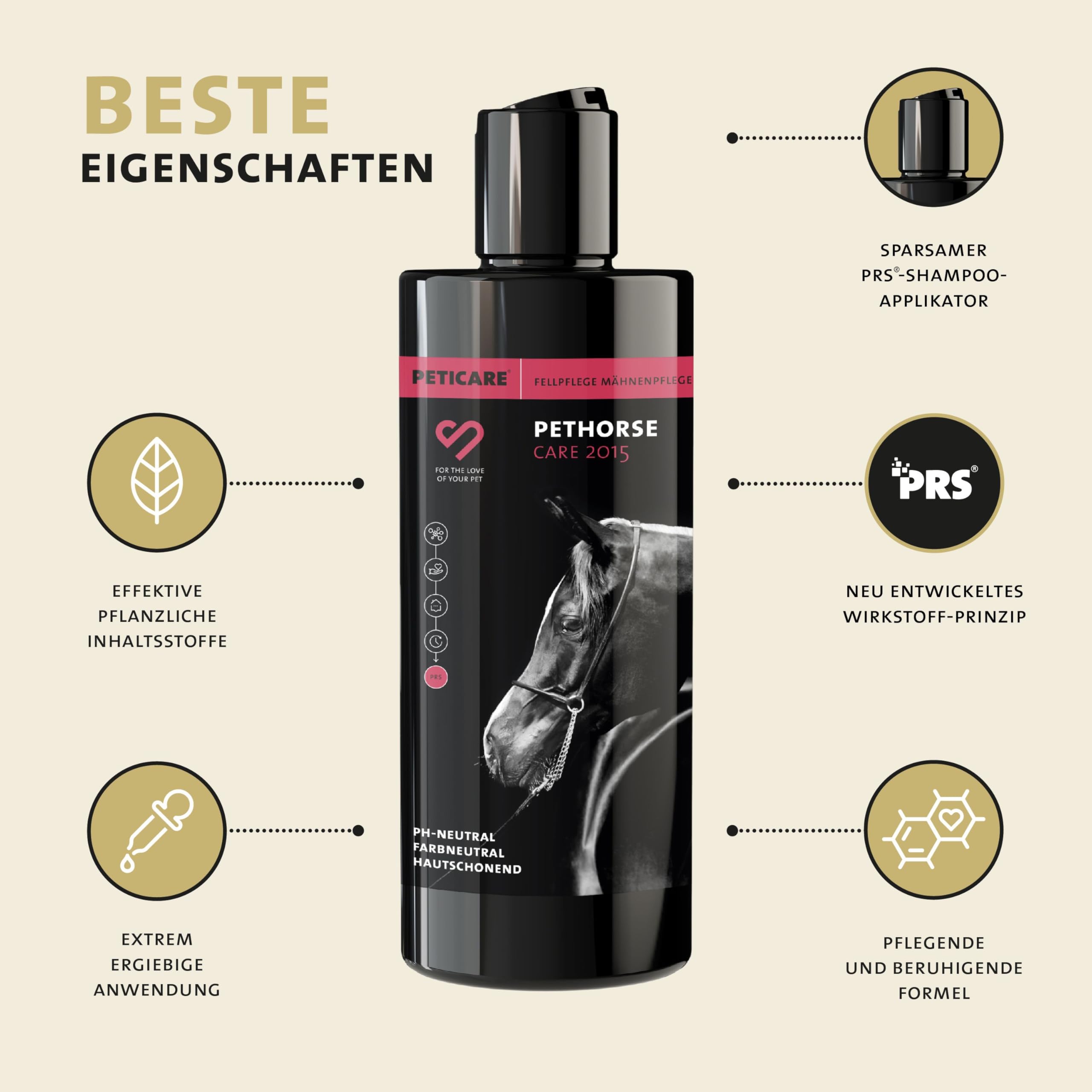 Peticare horse shampoo - szampon pielęgnacyjny dla wszystkich ras, neutralny ph skóry, łagodny i delikatny, ułatwia rozczesywanie, na splątane włosy - petHorse Care 2015