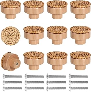 12pcs Rattan Cabinet Knobs with 12pcs Screws, Boho Wicker Woven Dresser Knobs Pulls Handmade Wood Drawer Knobs Handles with Screwdriver for Cabinet Dresser Drawer Furniture