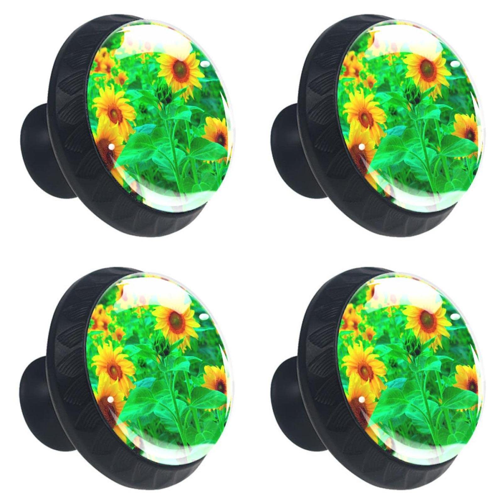 Boutons de tiroir en verre motif tournesol multicolores pour cuisine et armoire (Lot de 4)
