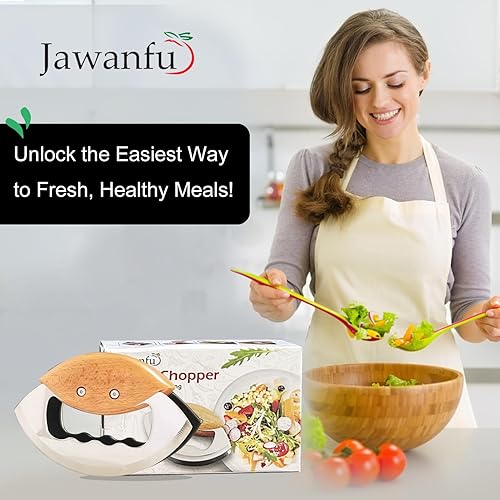 Miniatura 6 de Jawanfu Salad Chopper, Double Balde, Ultra Sharp Mezzaluna Mincing Knife for Chopped Salad, Easy Chopping Wood Handle Salad Cutter for Salad Bowl,