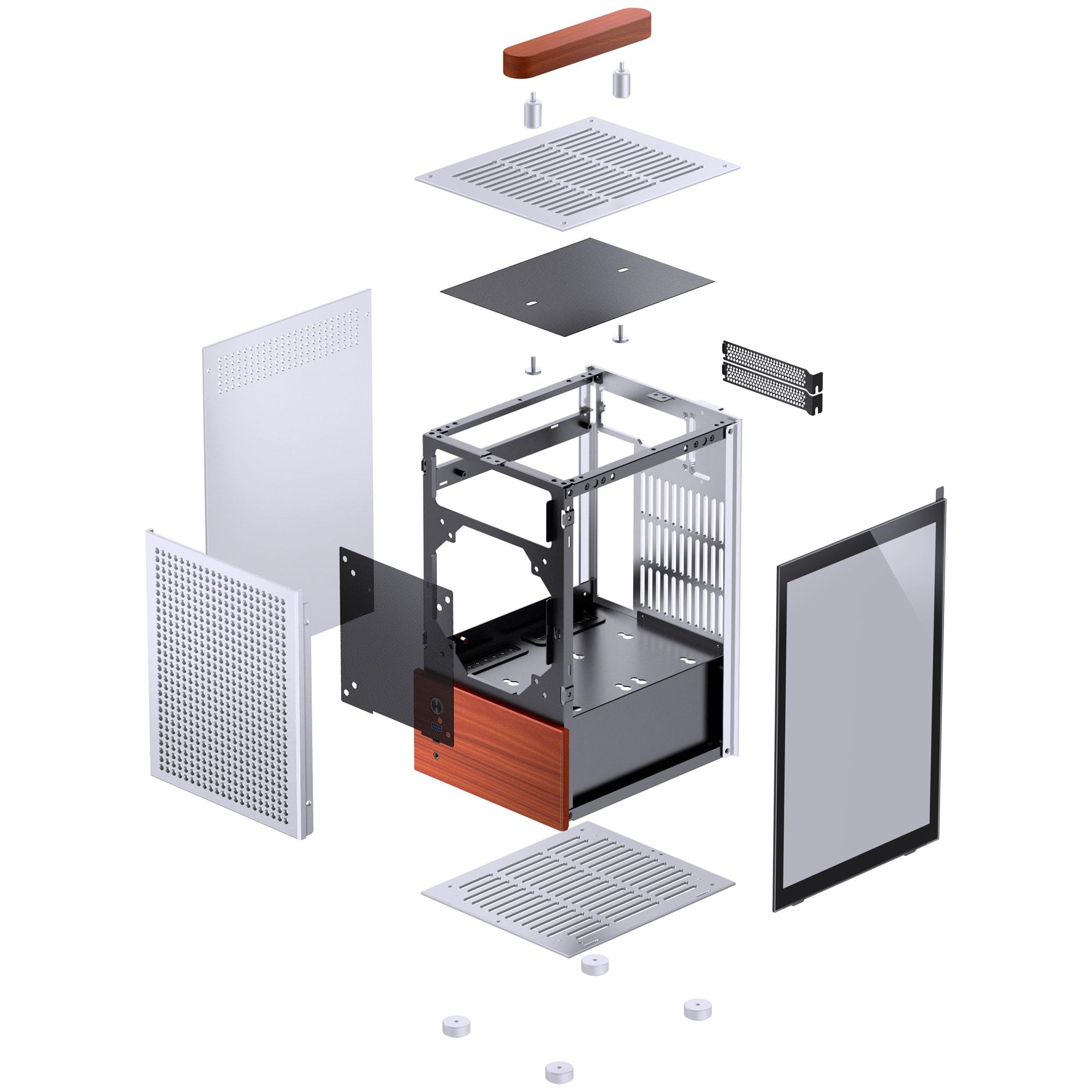 Jonsbo T6 Mini-ITX PC-Gehäuse – Silber, Tempered Glass & Holzgriff, Aluminium & Stahl, kompaktes Mini-Tower Case