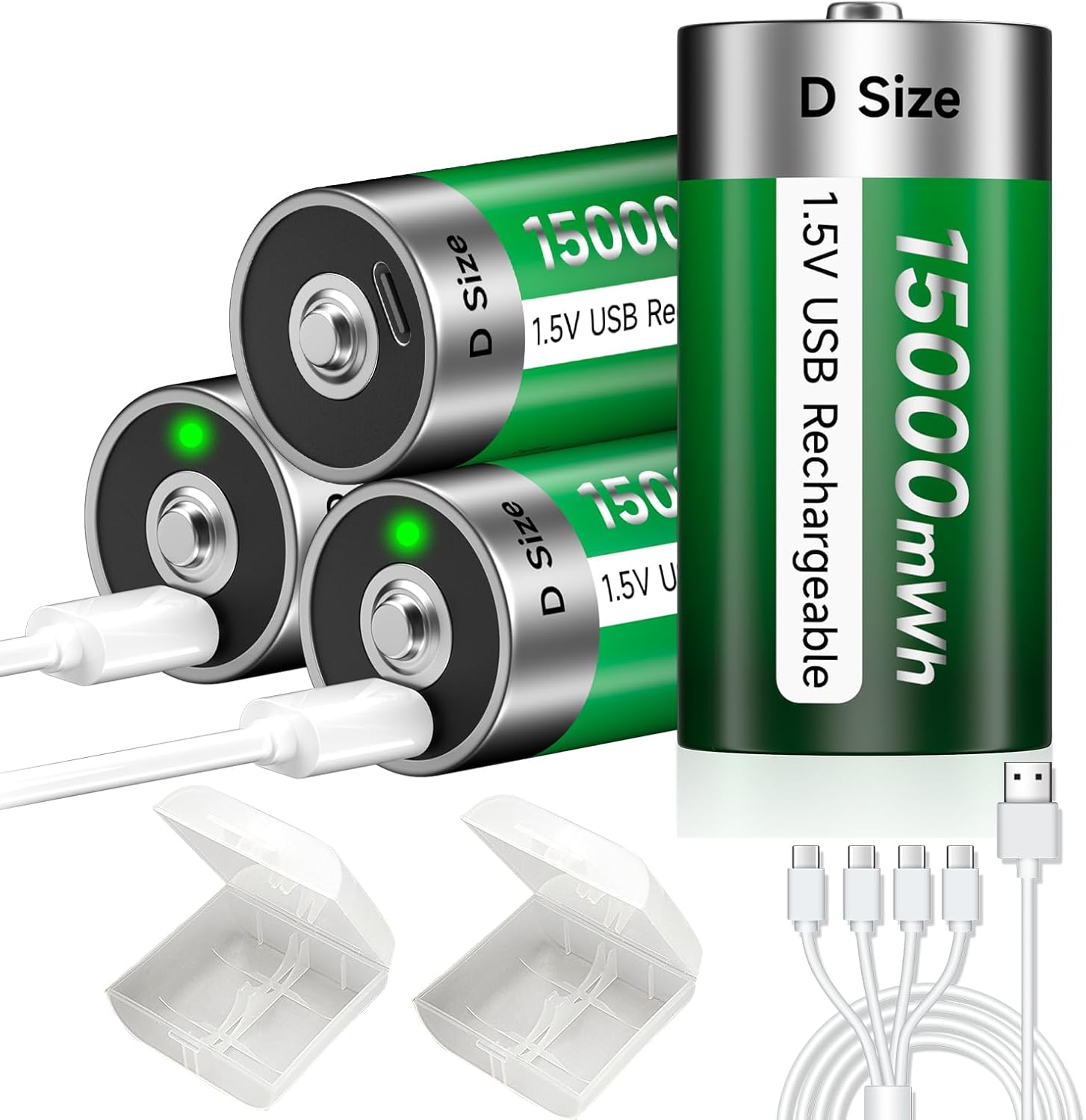 Rechargeable Lithium D Batteries 4 Pack, 15000mWh Rechargeable Lithium-ion D Cell USB Battery with 4 in 1 TPYE-C Charging Cable, 1.5V Batteries D Size for Floodlight Toys, Water Heater, Gas Stove