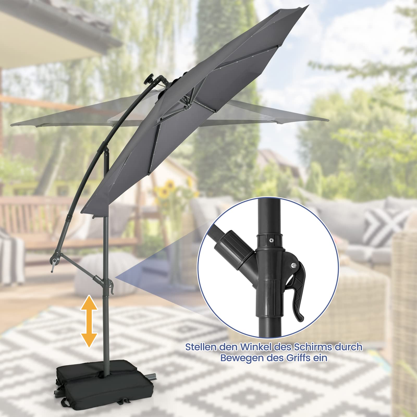 RELAX4LIFE Ampelschirm 300 cm mit 40 LED-Solar-Beleuchtung, Sonnenschirm Neigbar mit Kurbel, Kurbelschirm mit Ständer Sandsäcke(2 x Beutel befüllbar), Gartenschirm UV-Schutz (Dunkelgrau)