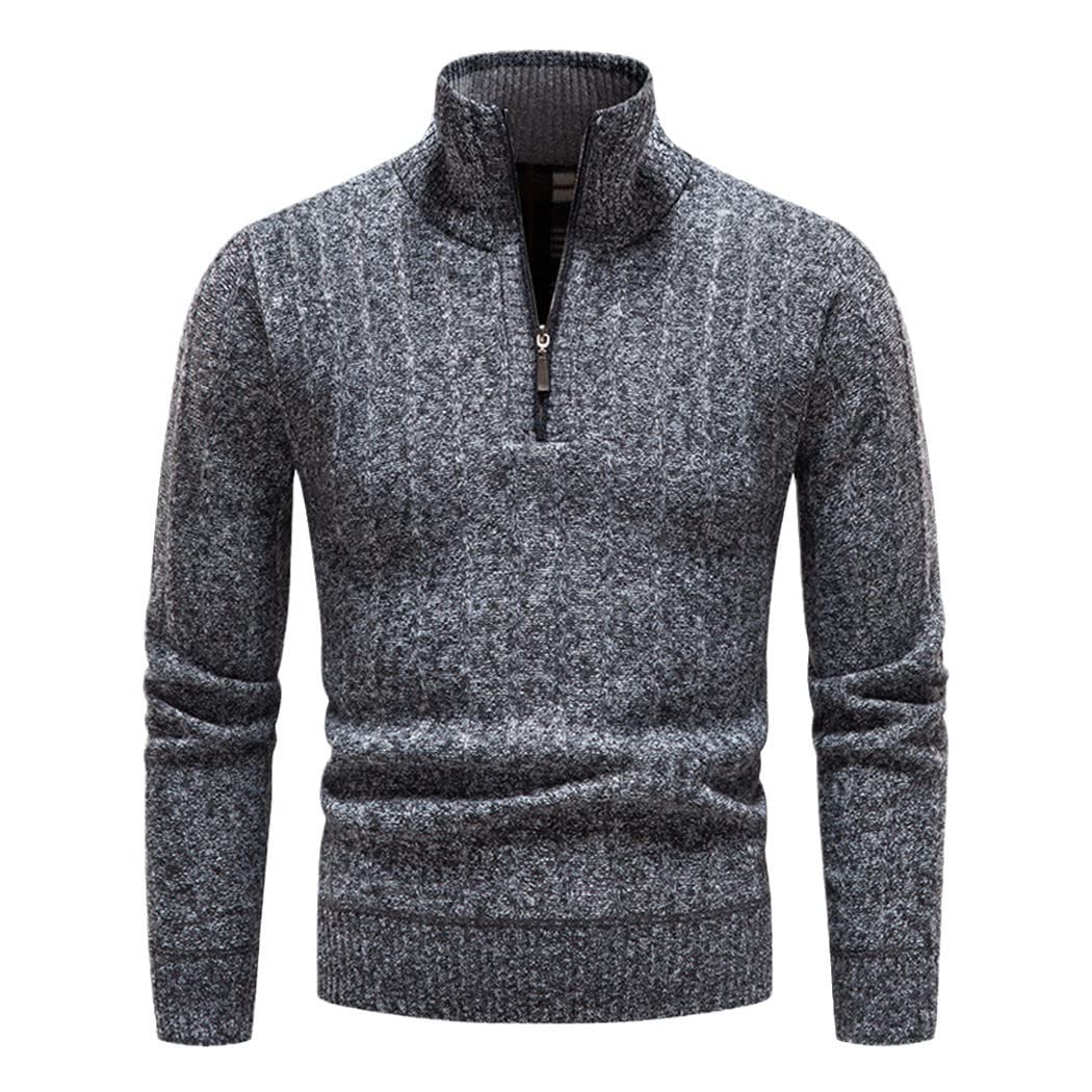 Winter Herren Fleece Dicker Pullover Halber Reißverschluss Rollkragen Warm Pullover Slim Strickpullover, Dunkelgrau 9, Large
