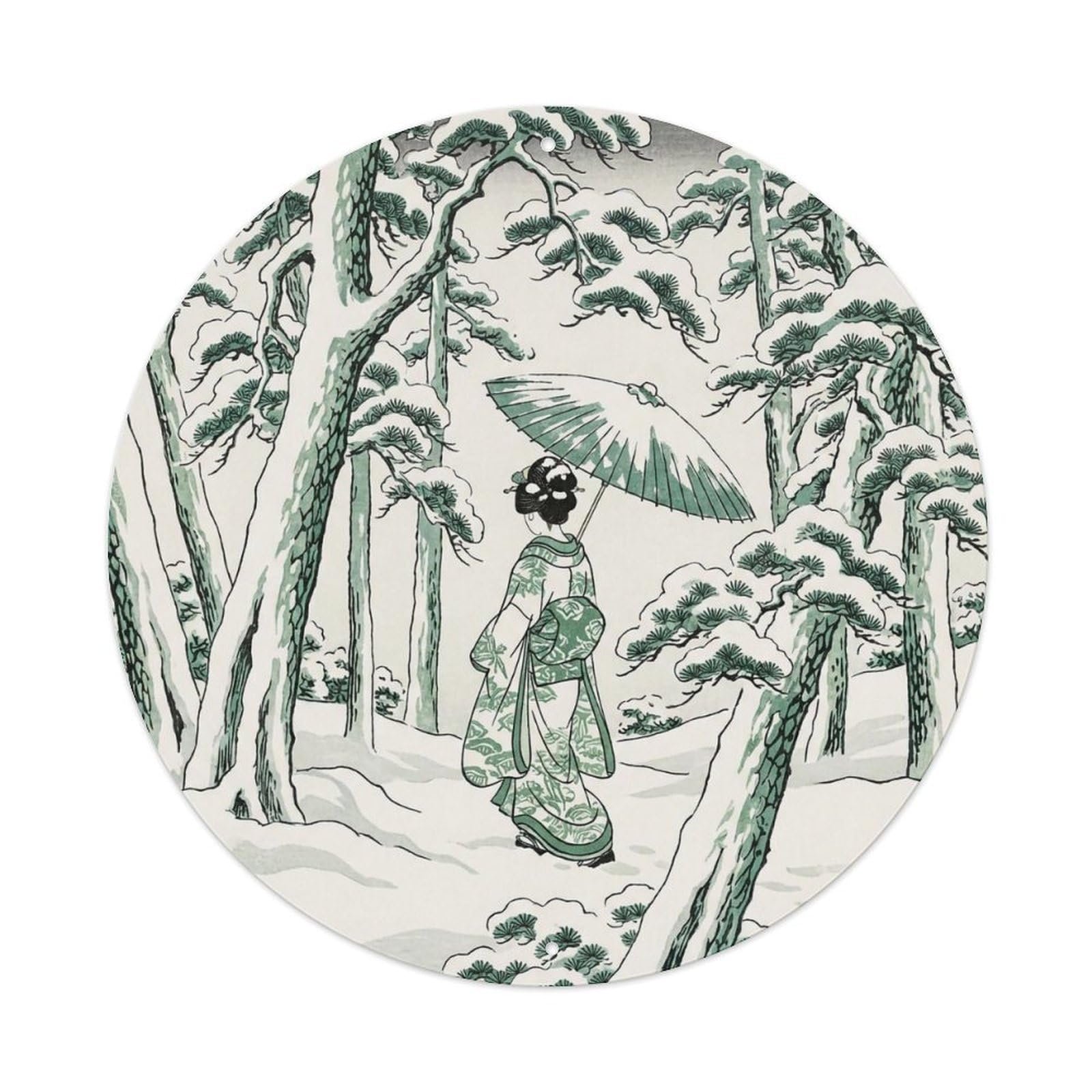 Japanese Geisha Snow Pine Forest Walking Winter Path Metal Tin Sign