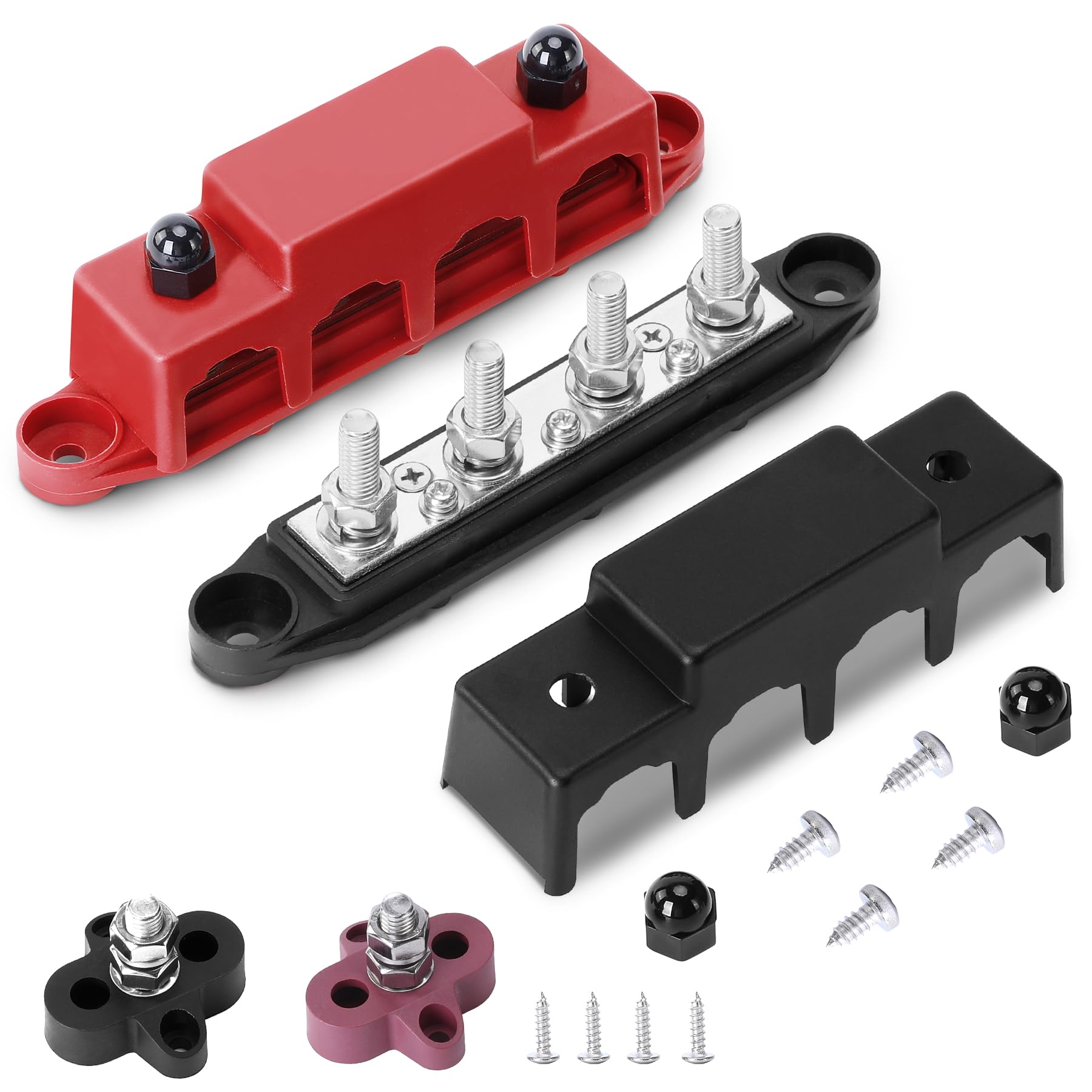 2 PCS 12V-48V DC Rail de Collecte Distributeur de Bloc 250A Busbar avec 5/16" (M8) 4-Posts Bornier avec Couvercle, Bornier Electrique avec 2x Borniers M8 pour Voiture RV Bateau (Rouge Noir)