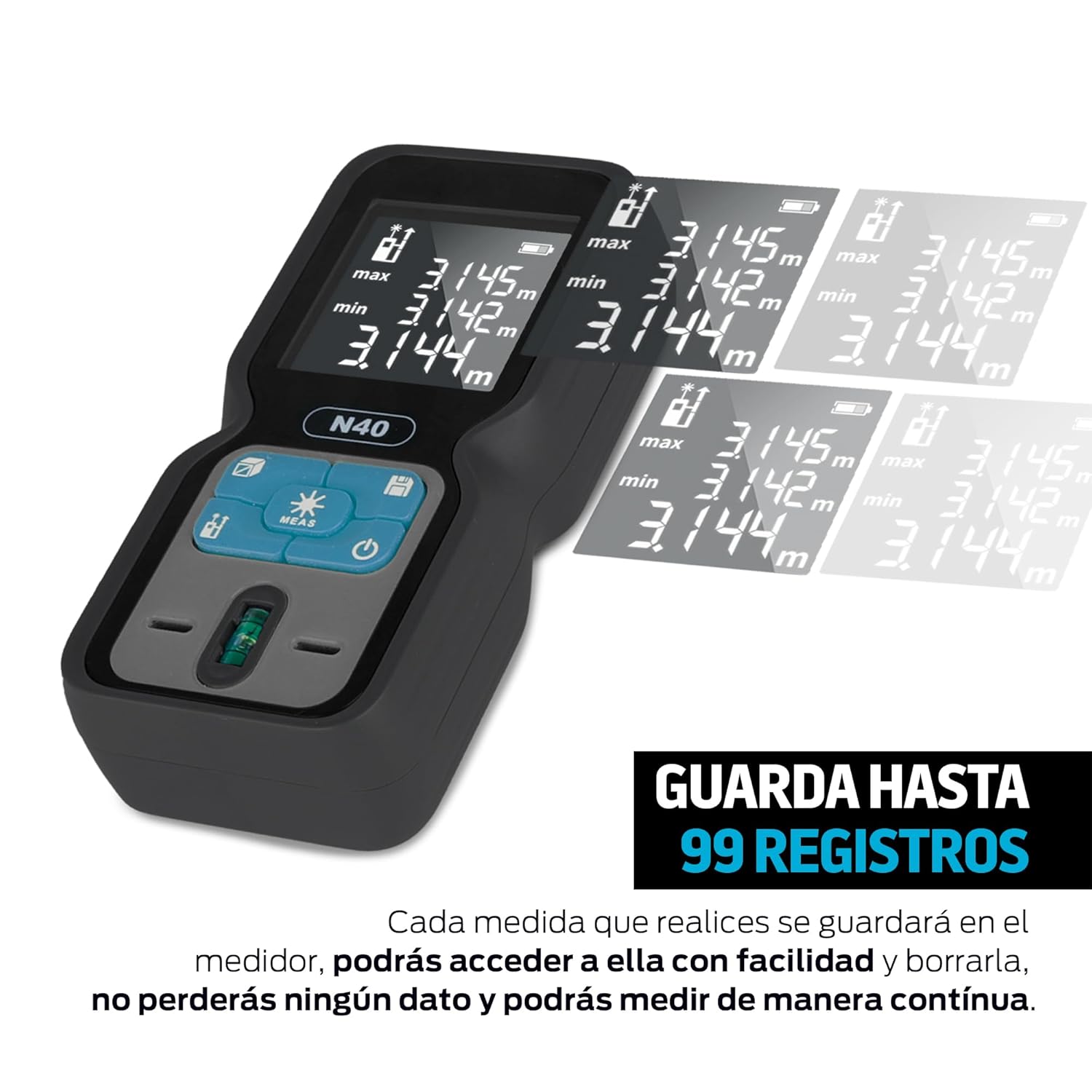Redlemon Laser Meter N40 display showing multiple stored measurements