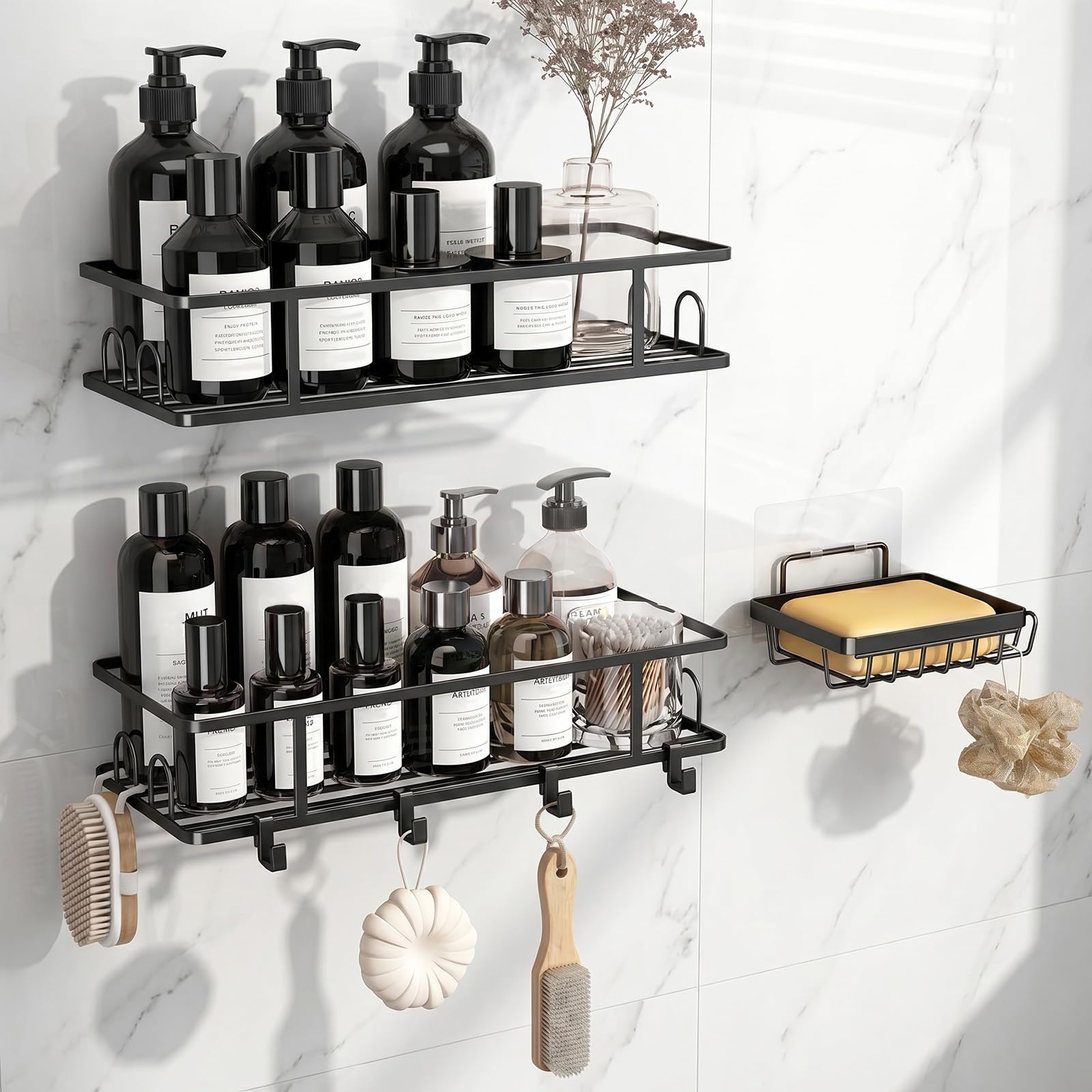 Dexpally 3 Pack Wall-Mounted Shower Caddy, Adhesive Bathroom Shelves with Large Capacity, Shower Shelf no Drilling with Removable Hooks and Soap Holder for Shampoo, Toiletries, Black.