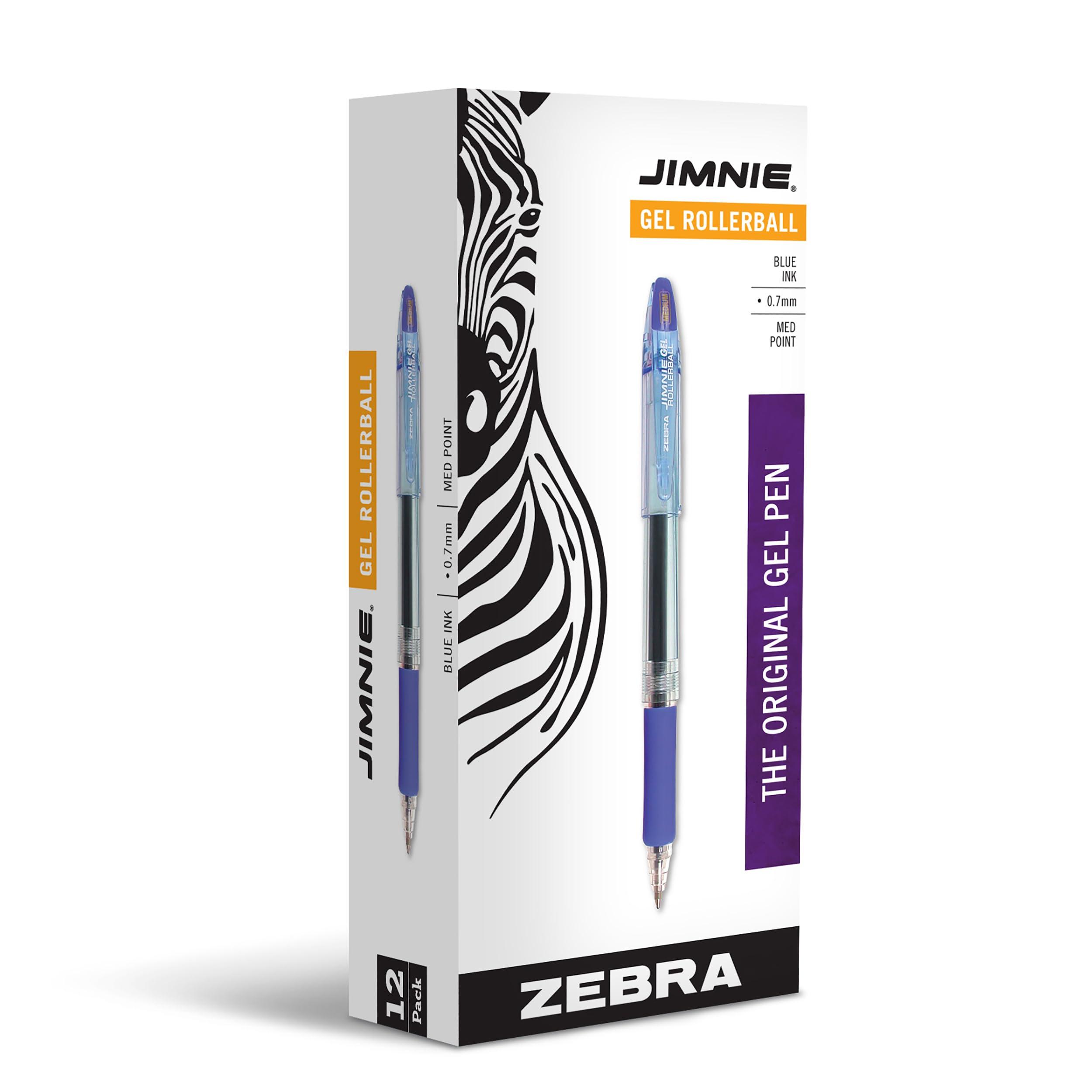 Zebra Pen, JIMNIE Gel Rollerball Pen, Retractable, 0.7mm Medium Point, Blue Ink, Soft Grip, Rapid Dry Gel Ink, Refillable, No Smears or Smudges, 12-Pack (44120)