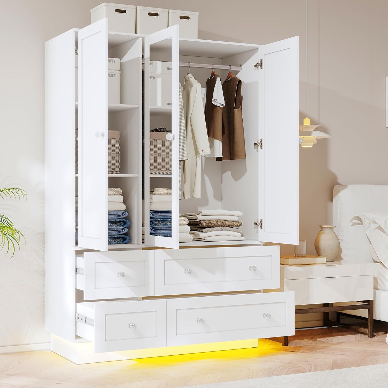 VOWNER Wardrobe Closet with 3 Doors, Bedroom Armoire with Mirror, LED Light, 4 Drawers and Hanging Rod, Large Capacity Storage Closet for Bedroom, White 47" L